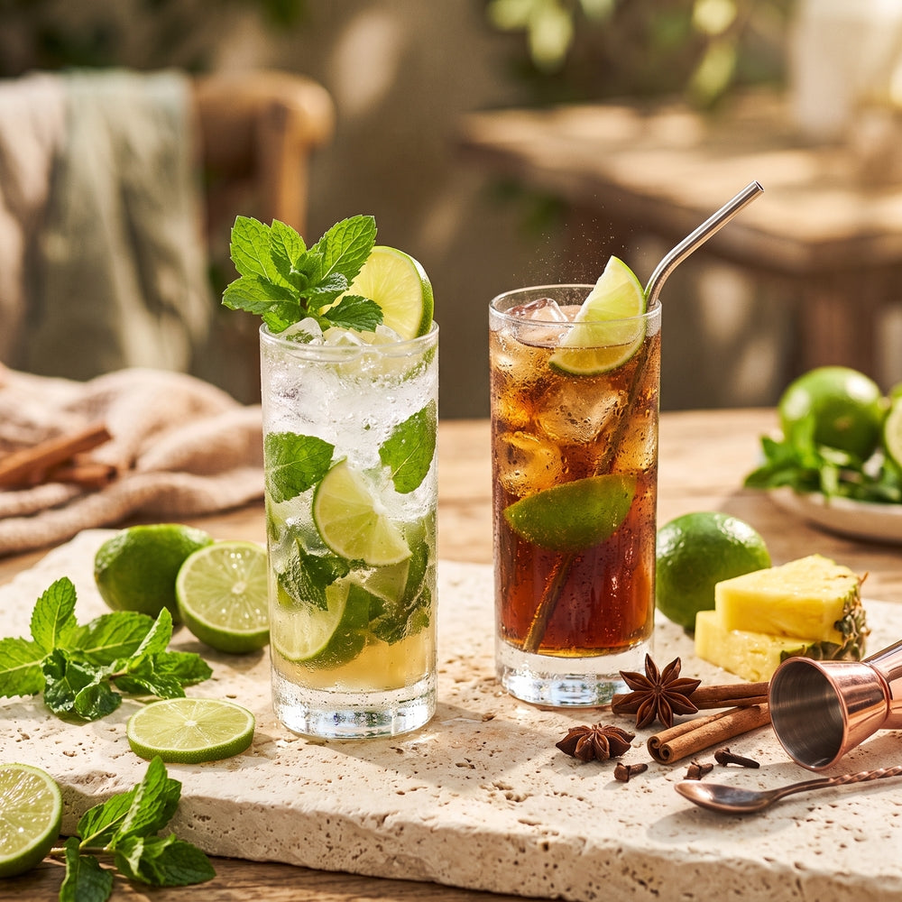 Two alcohol-free cane-spirit cocktails with lime, mint, pineapple and ginger arranged on a navy and cream bar for National Rum Day