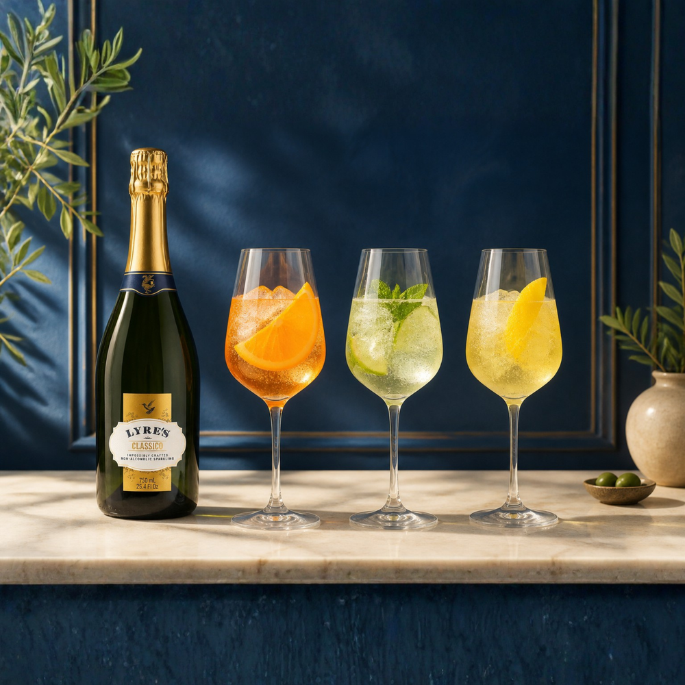 Non Alcoholic Italian Spritz, Non Alcoholic Hugo Spritz, Non Alcoholic Limoncello Spritz from Lyre's next to a bottle of Classico Sparkling
