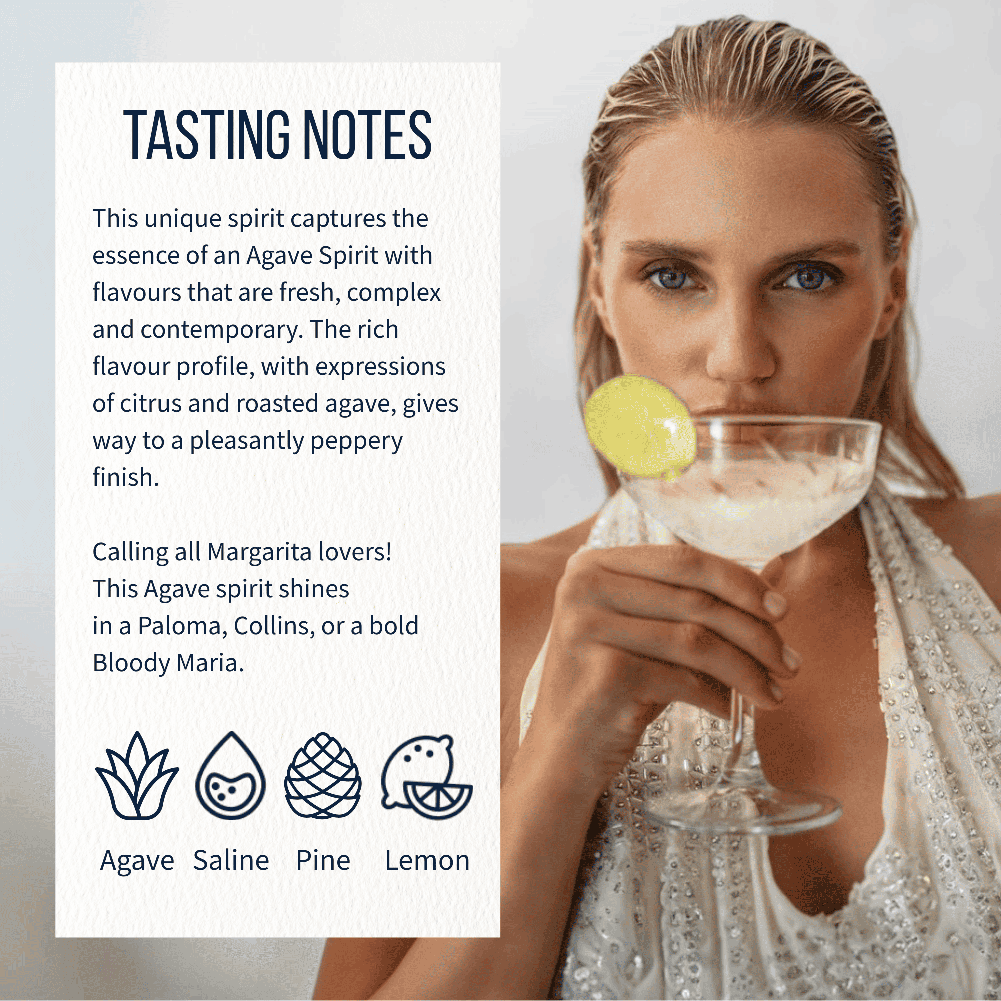 Woman holding a non alcoholic margarita with tasting notes on Lyre's Agave Blanco