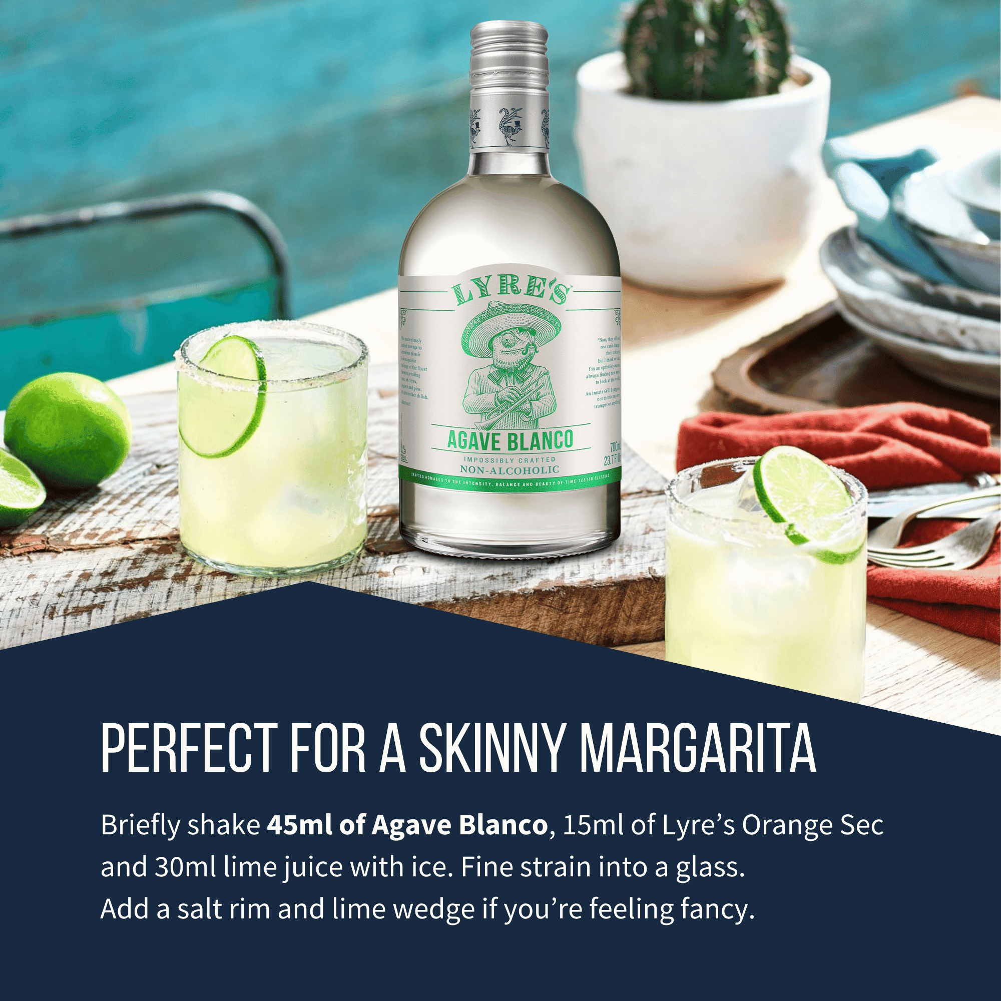 Lyre's Agave Blanco bottle with two glasses of non alcoholic margarita on a table by a pool.