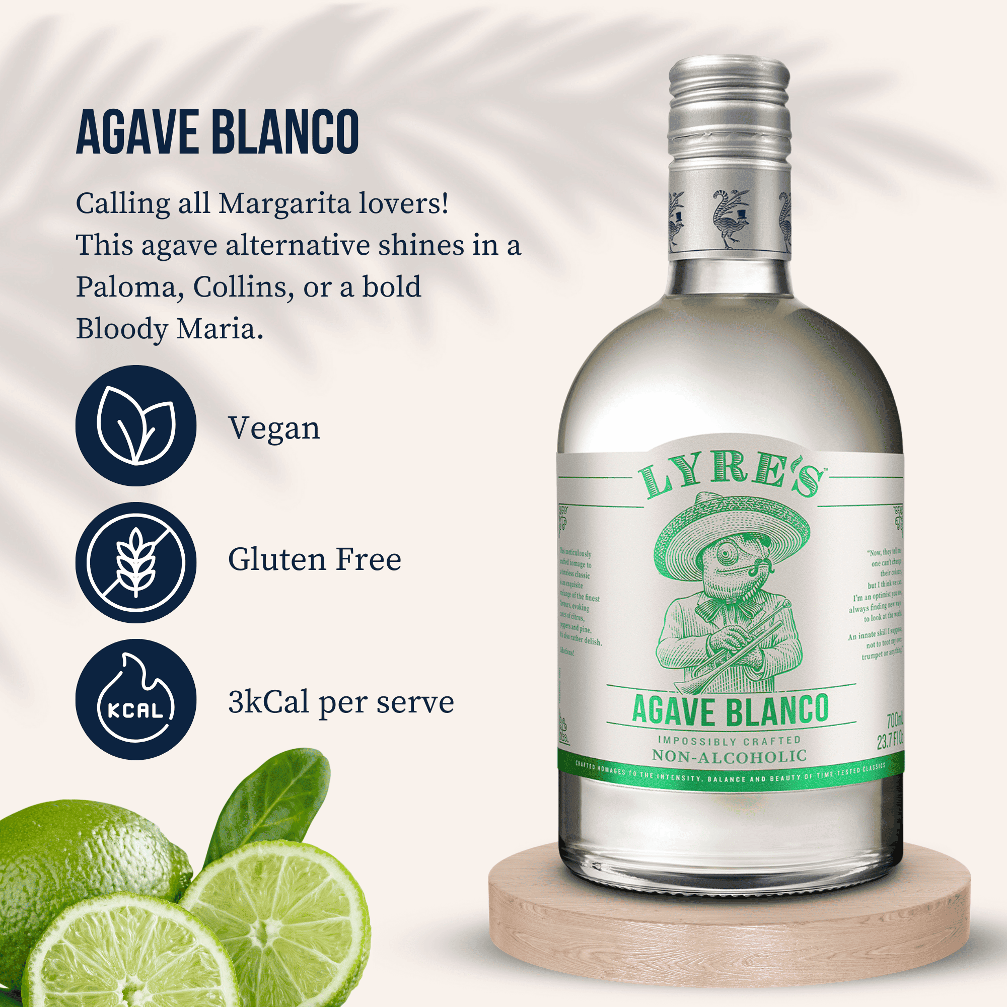 Lyre's Agave Blanco bottle with lime slices on a white background with key facts about the product