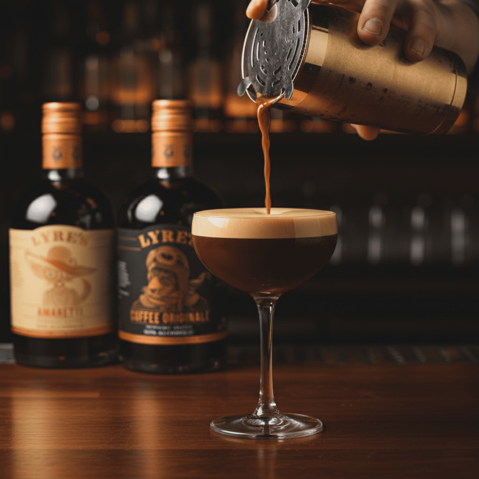 Almond Espresso Martini Cocktail being poured into a glass with bottles of Lyres Amaretti and Coffee Originale in the background.