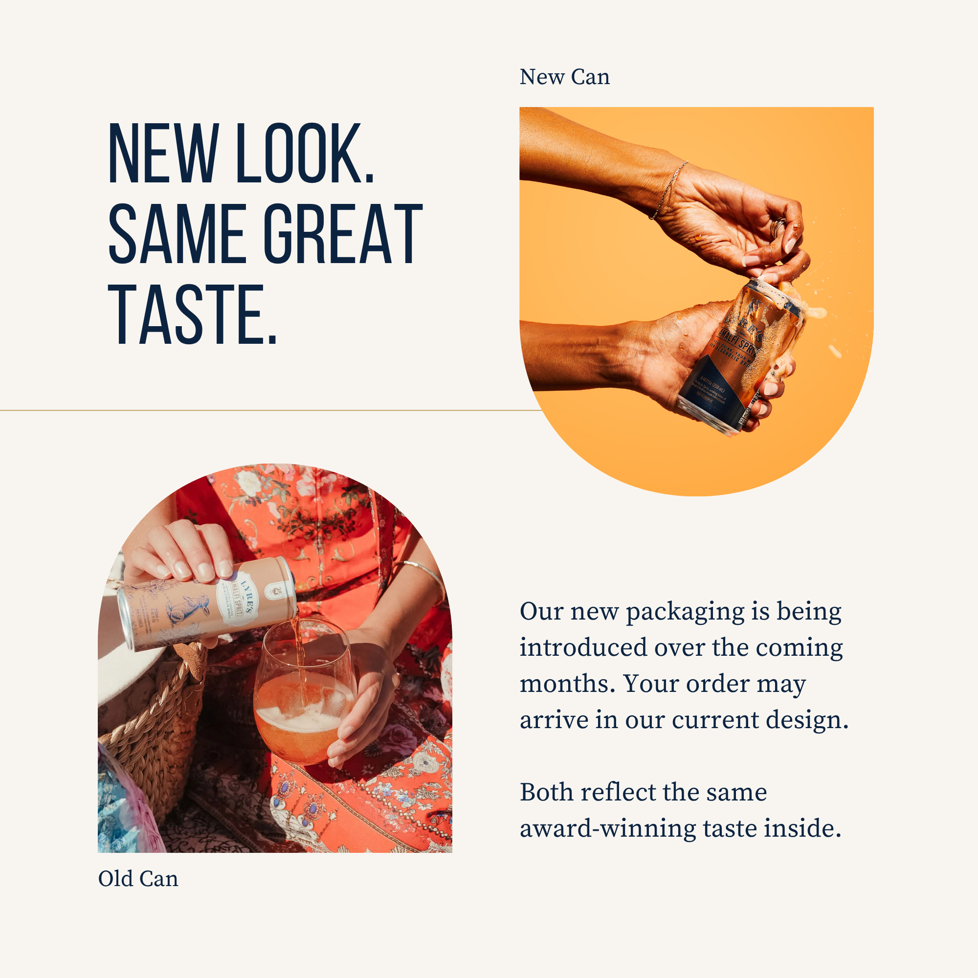 Graphic for a new can design with text and images of hands holding Amalfi Spritz cans.