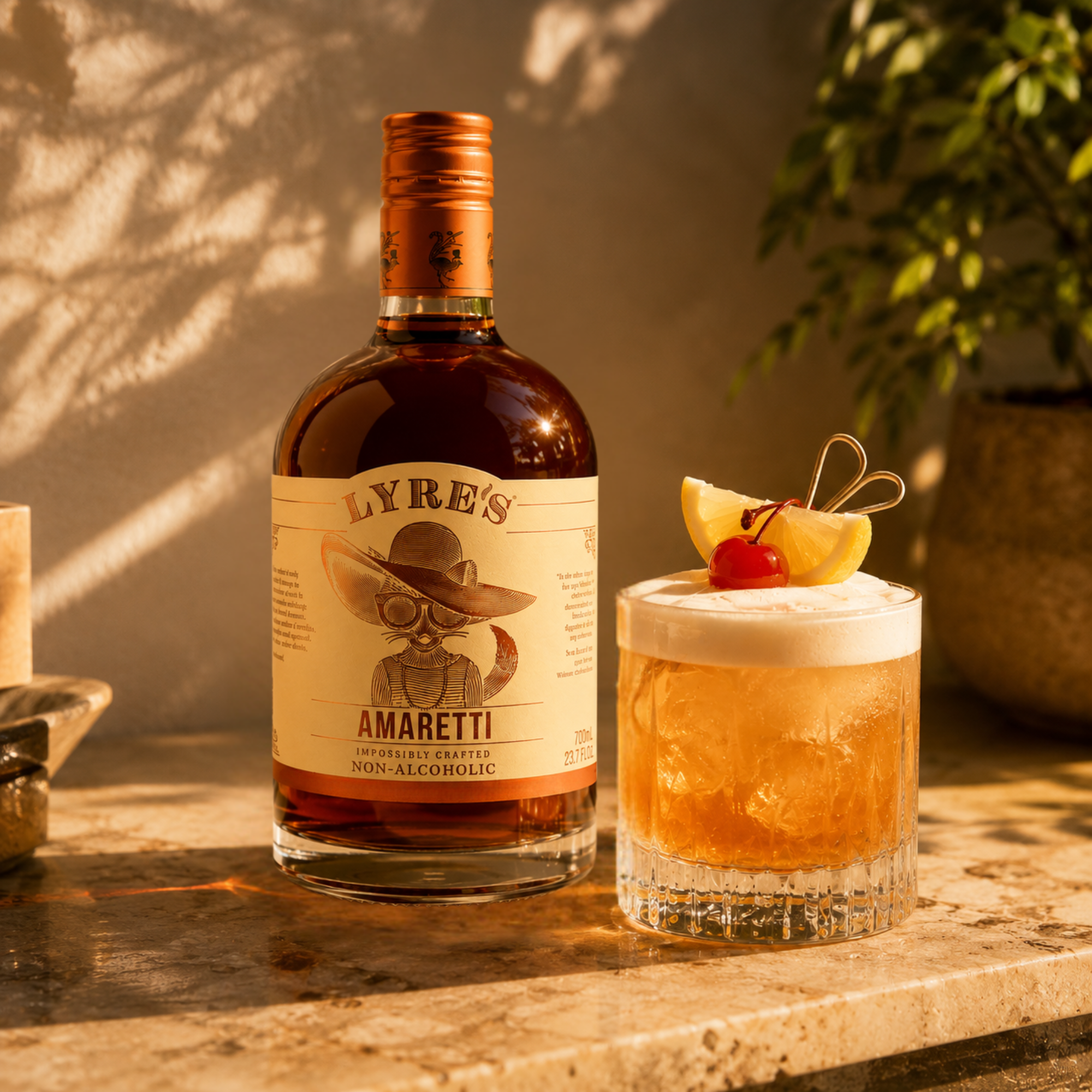 Bottle of Lyre's Amaretti non-alcoholic next to an Amaretti Sour cocktail with a cherry on a marble surface.