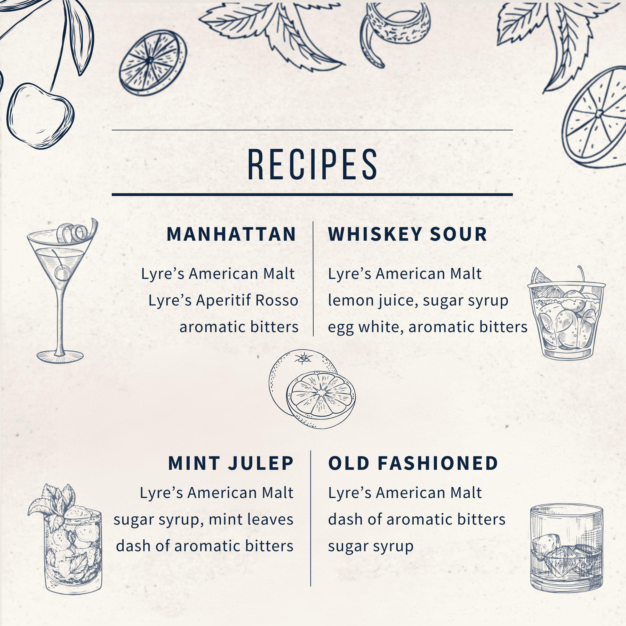 American Malt recipe card for cocktails with ingredients and measurements.