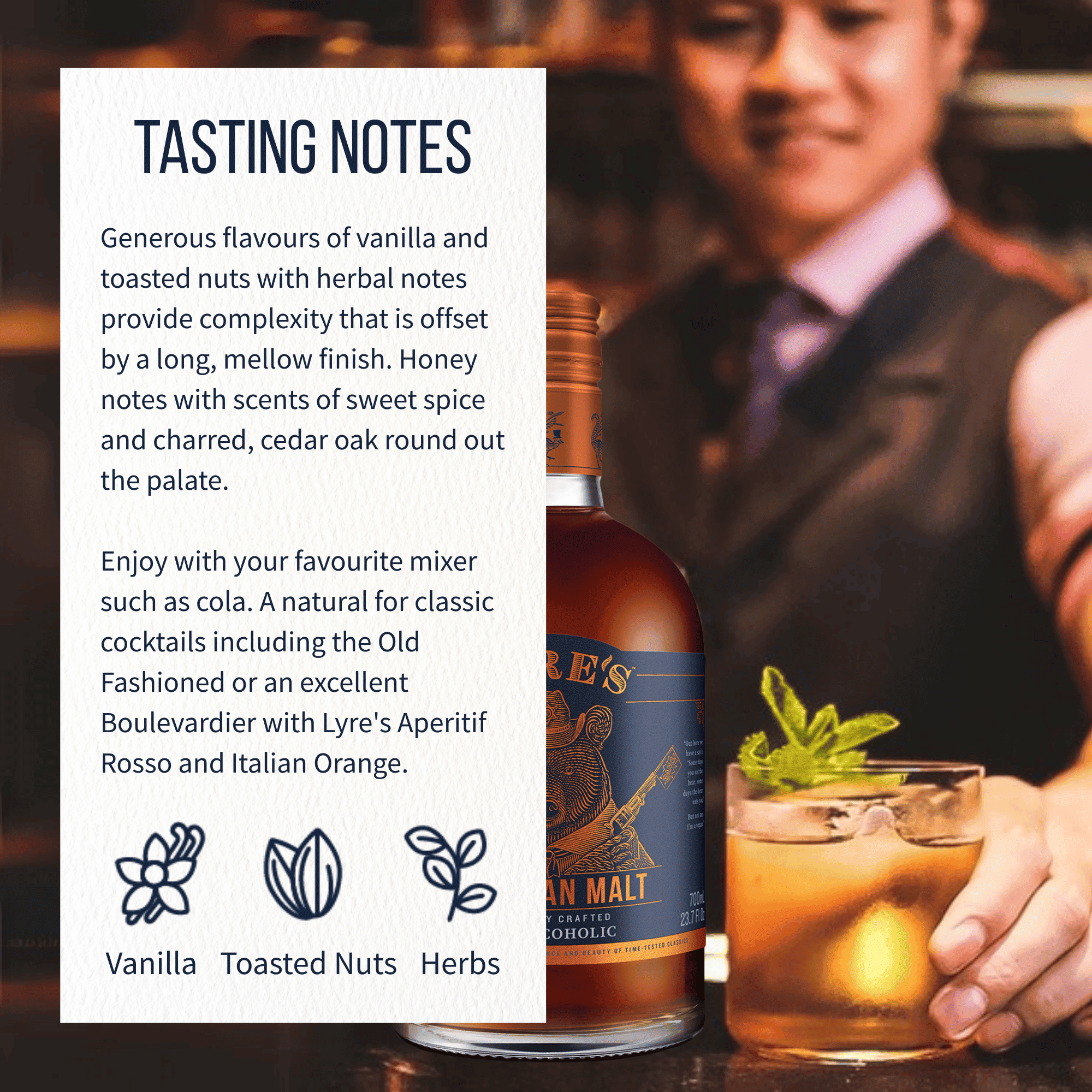 Lyre's American Malt with a cocktail and tasting notes on a blurred bar background