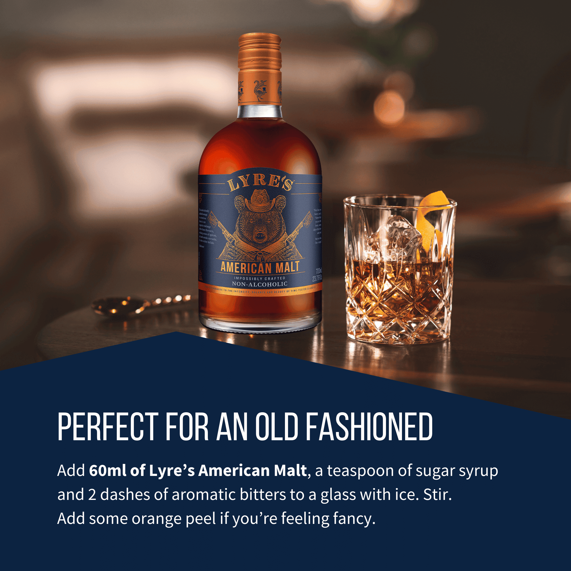 Lyre's American Malt bottle with an Old Fashioned cocktail on a bar counter, featuring text with the Old Fashioned cocktail recipe.
