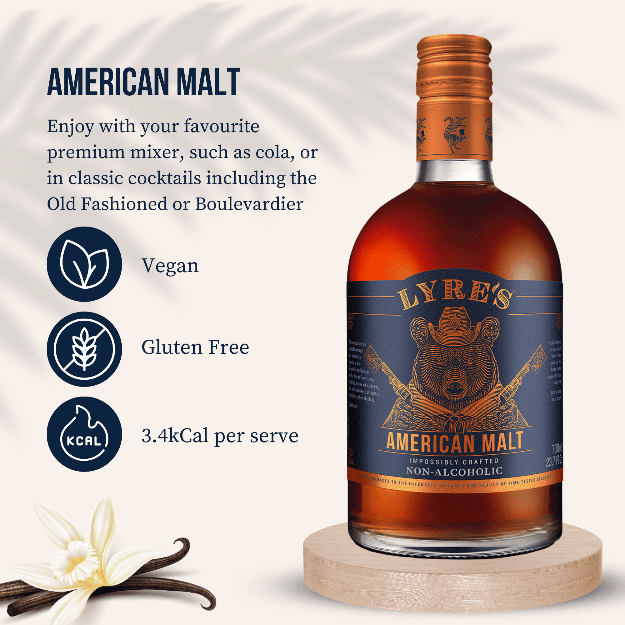 Lyre's American Malt non-alcoholic with vanilla beans on a white background and key product details 