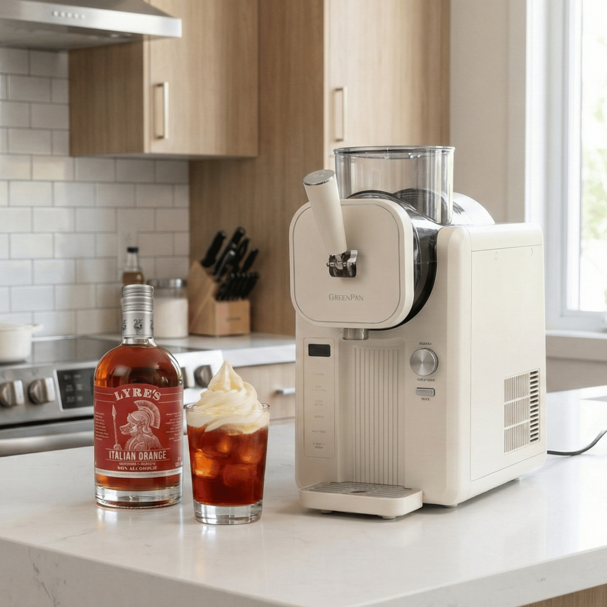 GreenPan machine on a kitchen counter with a bottle of Lyle's Italian Orange and a cocktail.