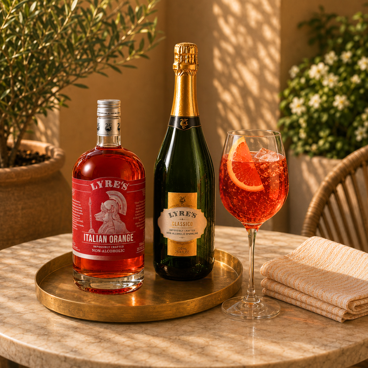 Bittersweet non-alcoholic spritz made with Lyre’s Italian Orange and sparkling wine alternative served with an orange garnish.