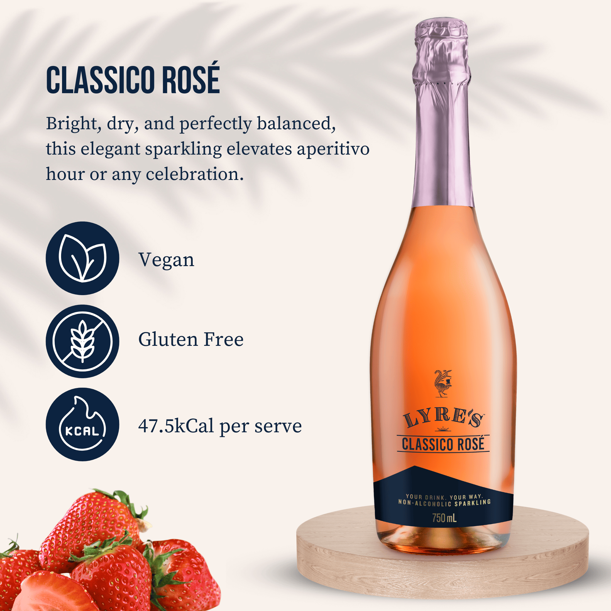 Bottle of Lyre's Classico Rosé with strawberry garnish on a white background