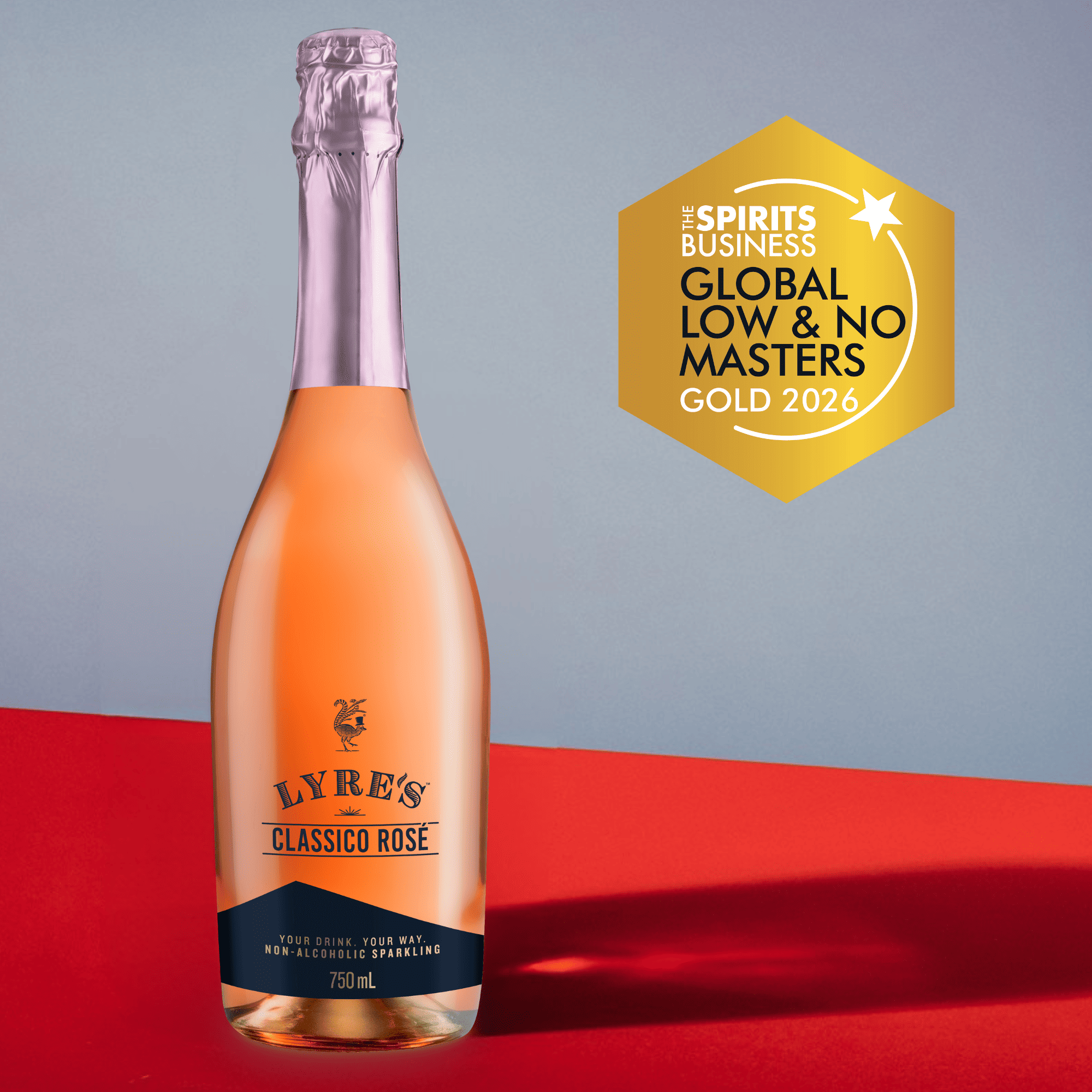 Bottle of Lyre's Classic Rosé on a red and gray background with a gold award badge.