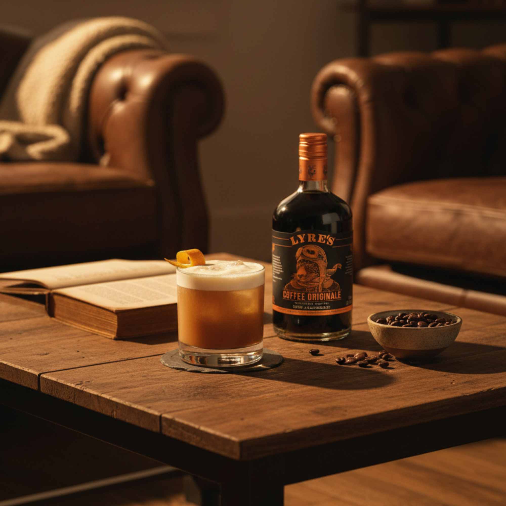 Cocktail with a bottle of Lyre's Coffee Liqueur on a wooden table with a cozy background.