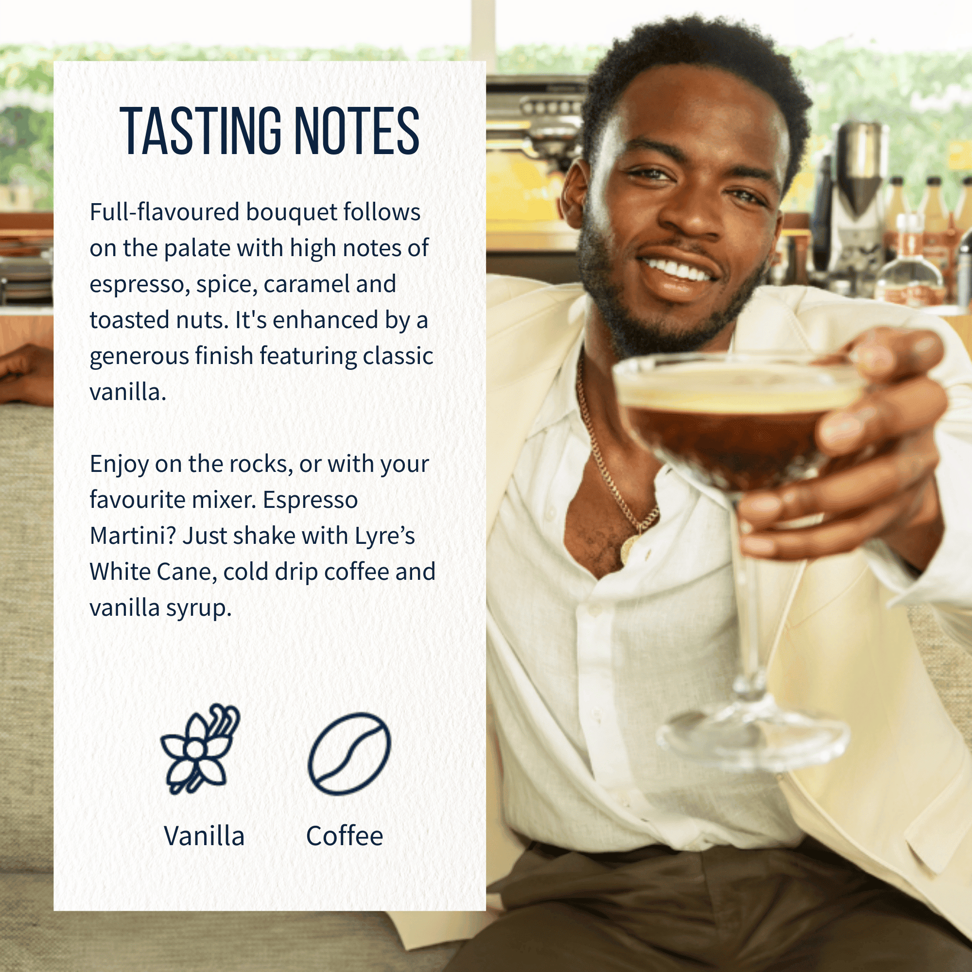 Man holding a glass of Lyre's espresso martini with tasting notes text overlay