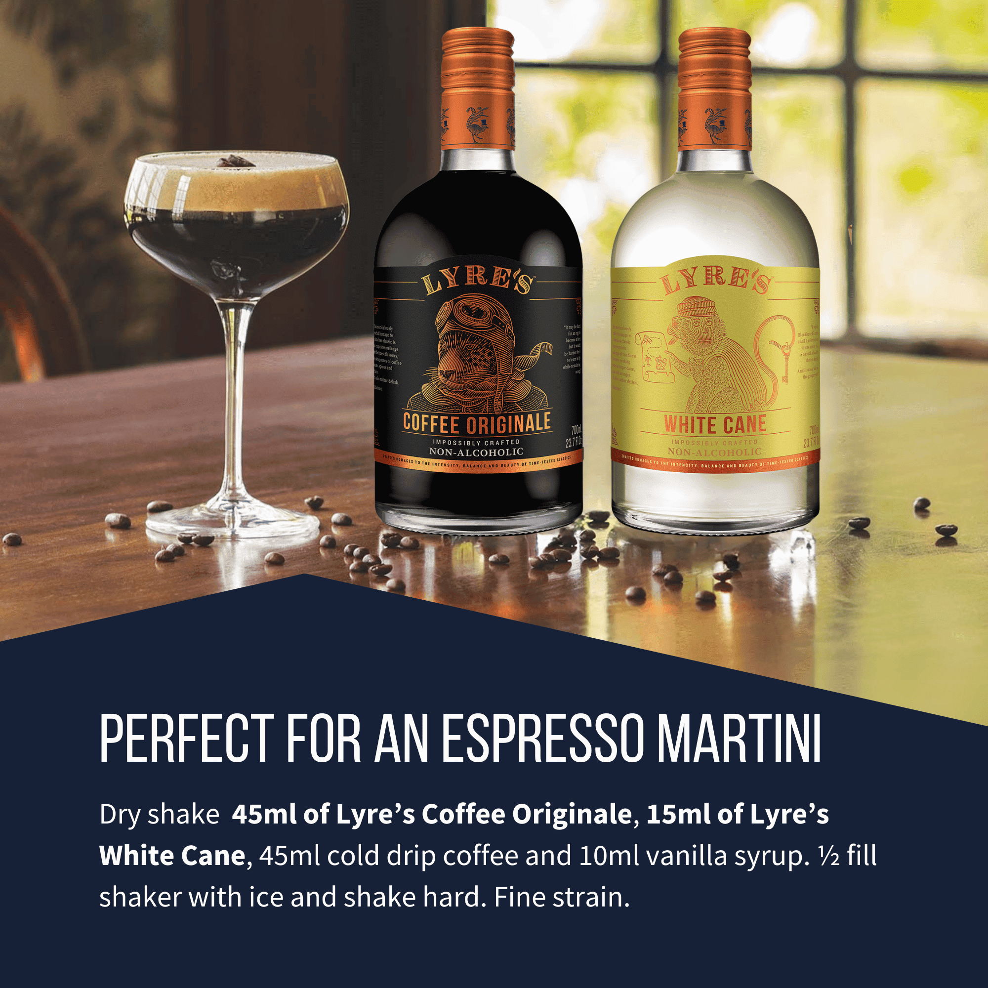 Two bottles of Lyre's Coffee Originale and White Cane on a table with an espresso martini mocktail