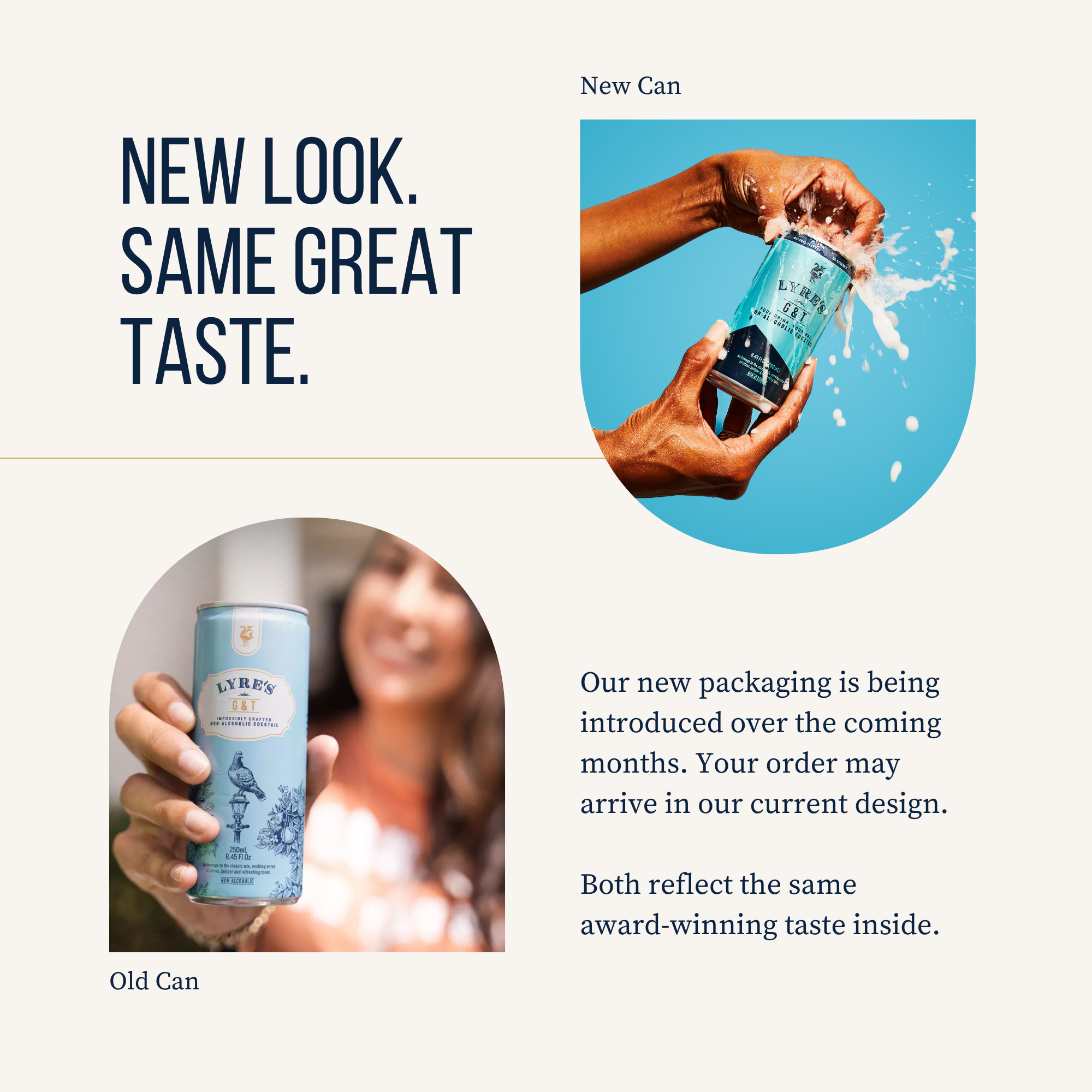 Comparison of new and old G&T can designs with text about taste and packaging changes.