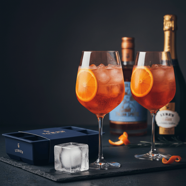 Two glasses of orange cocktail with ice and orange slices, accompanied by bottles and an ice cube tray on a dark surface.