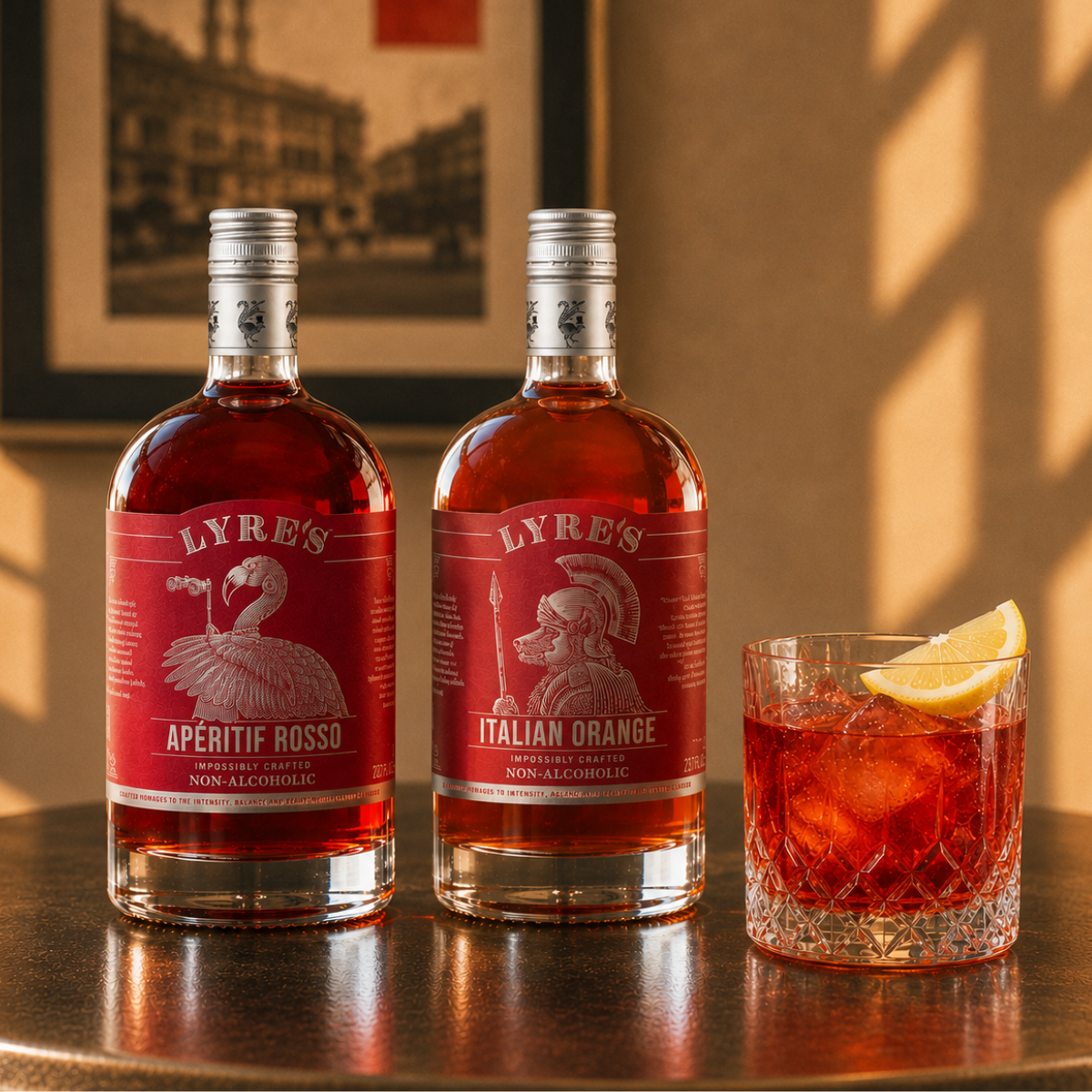 Non-alcoholic Milano Torino cocktail featuring Lyre’s Italian Orange and Aperitif Rosso served over ice with citrus.