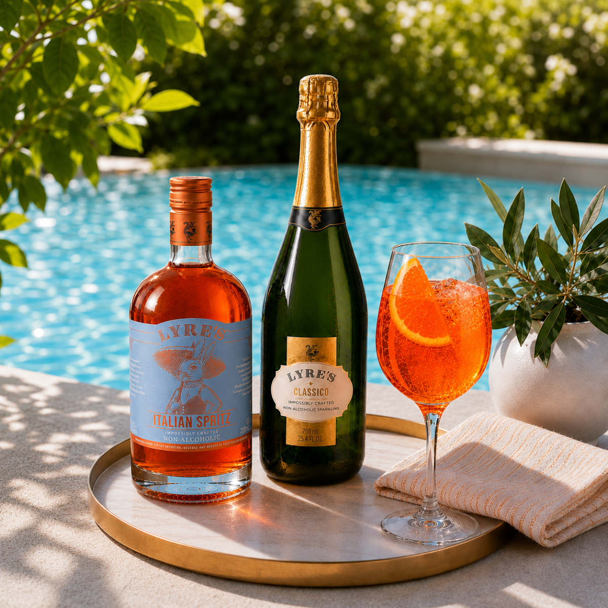 Refreshing non-alcoholic Amalfi Spritz cocktail with Lyre’s Italian Orange and Classico Sparkling served poolside with fresh citrus garnish.