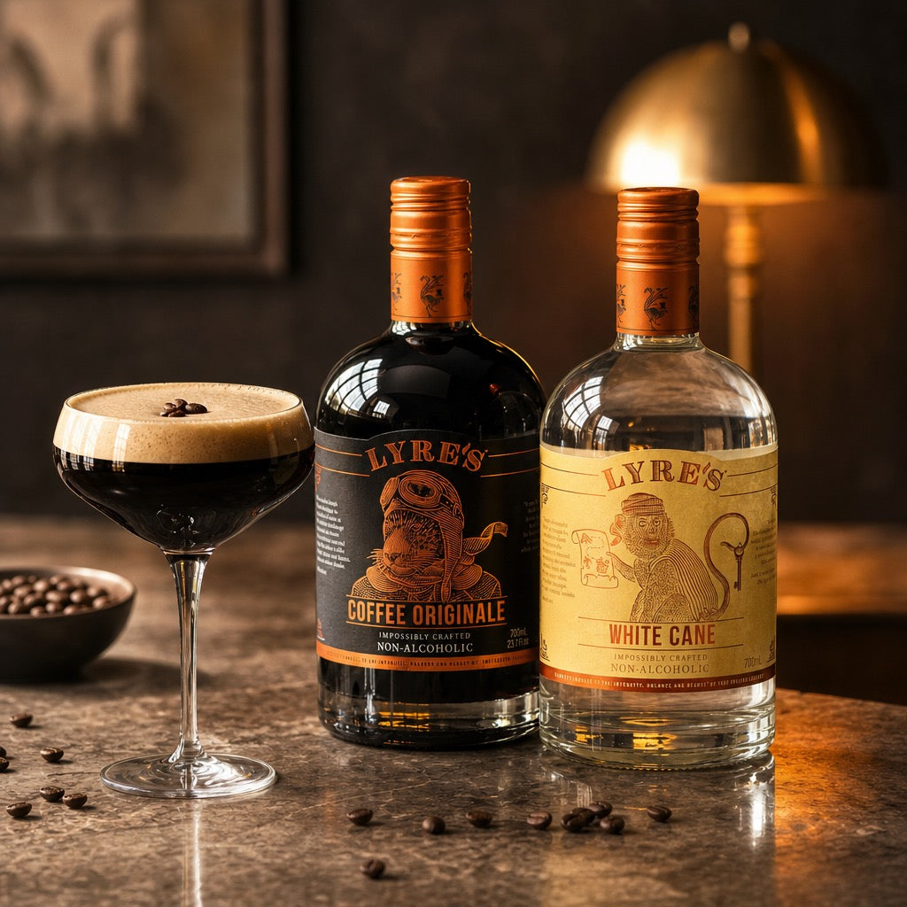 Lyre's Coffee Originale and White Cane non-alcoholic on a table with an espresso martini in a glass and coffee beans.