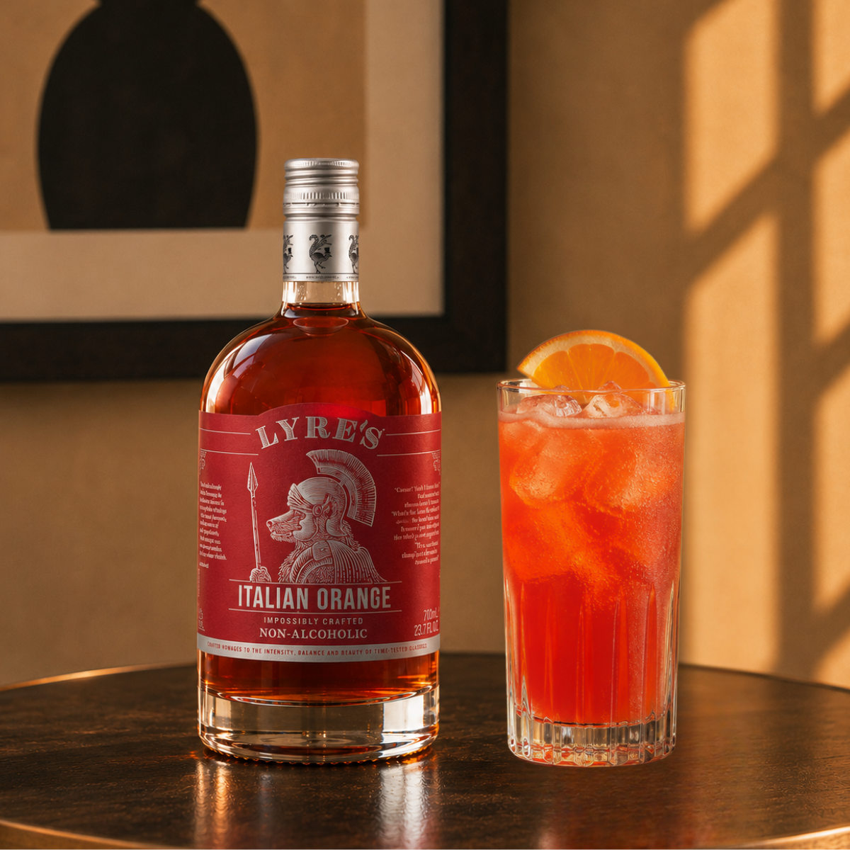Bright non-alcoholic Garibaldi cocktail made with Lyre’s Italian Orange and fresh orange juice served in a highball glass.