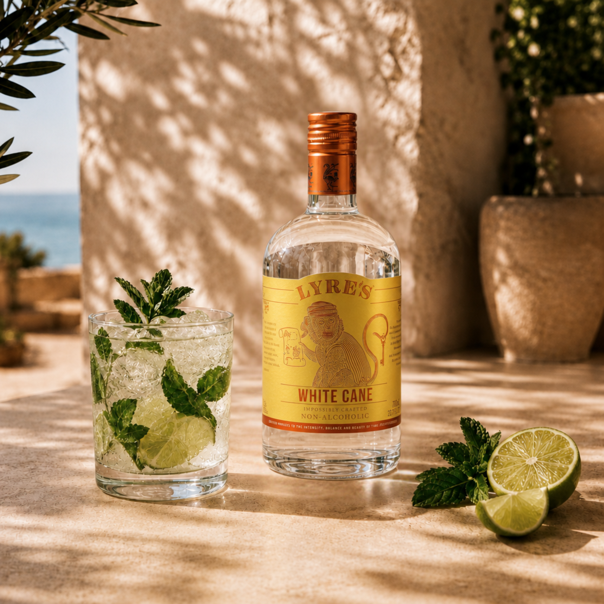 Lyre's White Cane bottle with a mojito garnished with lime and mint 
