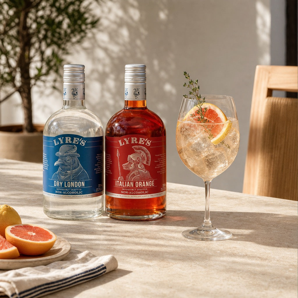 Two bottles of Lyre's non alcoholic Dry London and Italian Orange on a tray with a cocktail glass, set against a neutral background.
