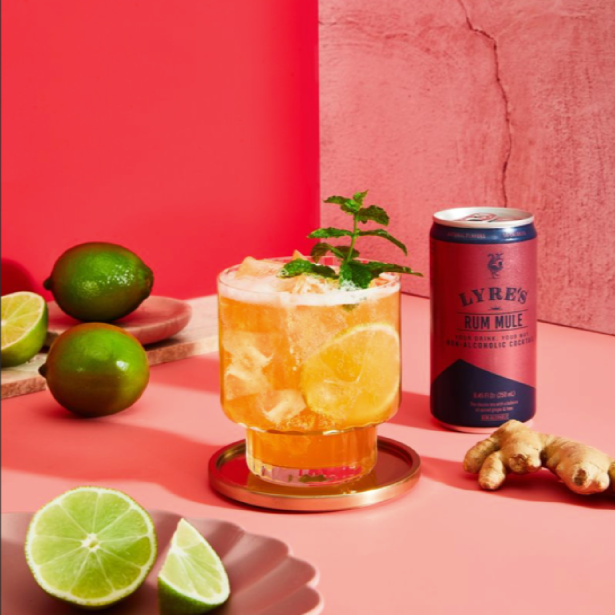 Lyre's non alcoholic Rum Mule in a glass with lime, mint and ginger garnish.