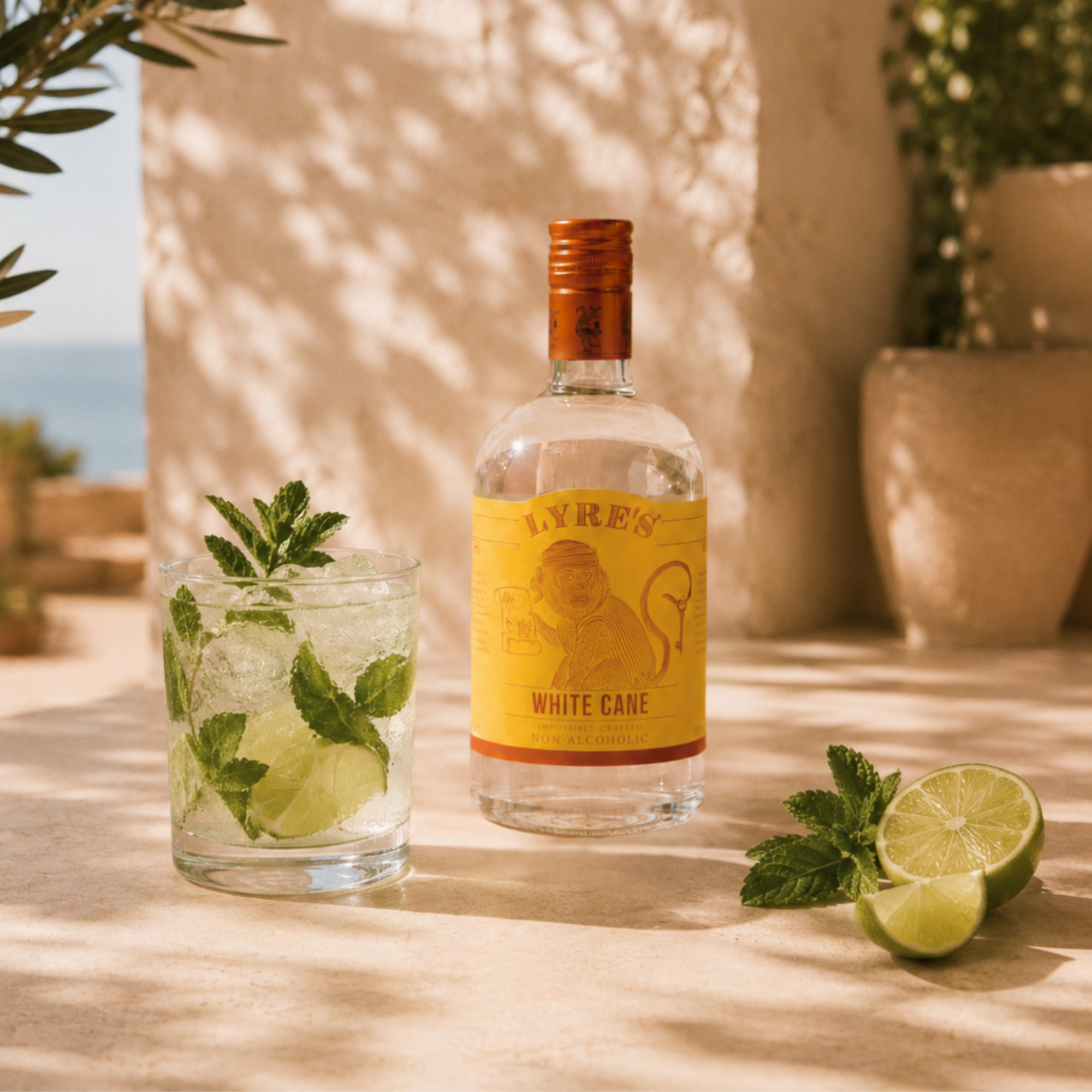 Lyre's White Cane bottle with a mojito garnished with lime and mint on a wooden table.