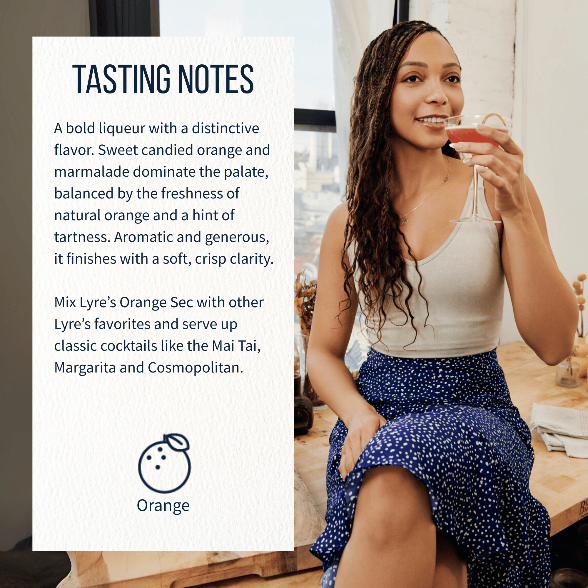 Woman holding a cocktail with tasting notes on the side