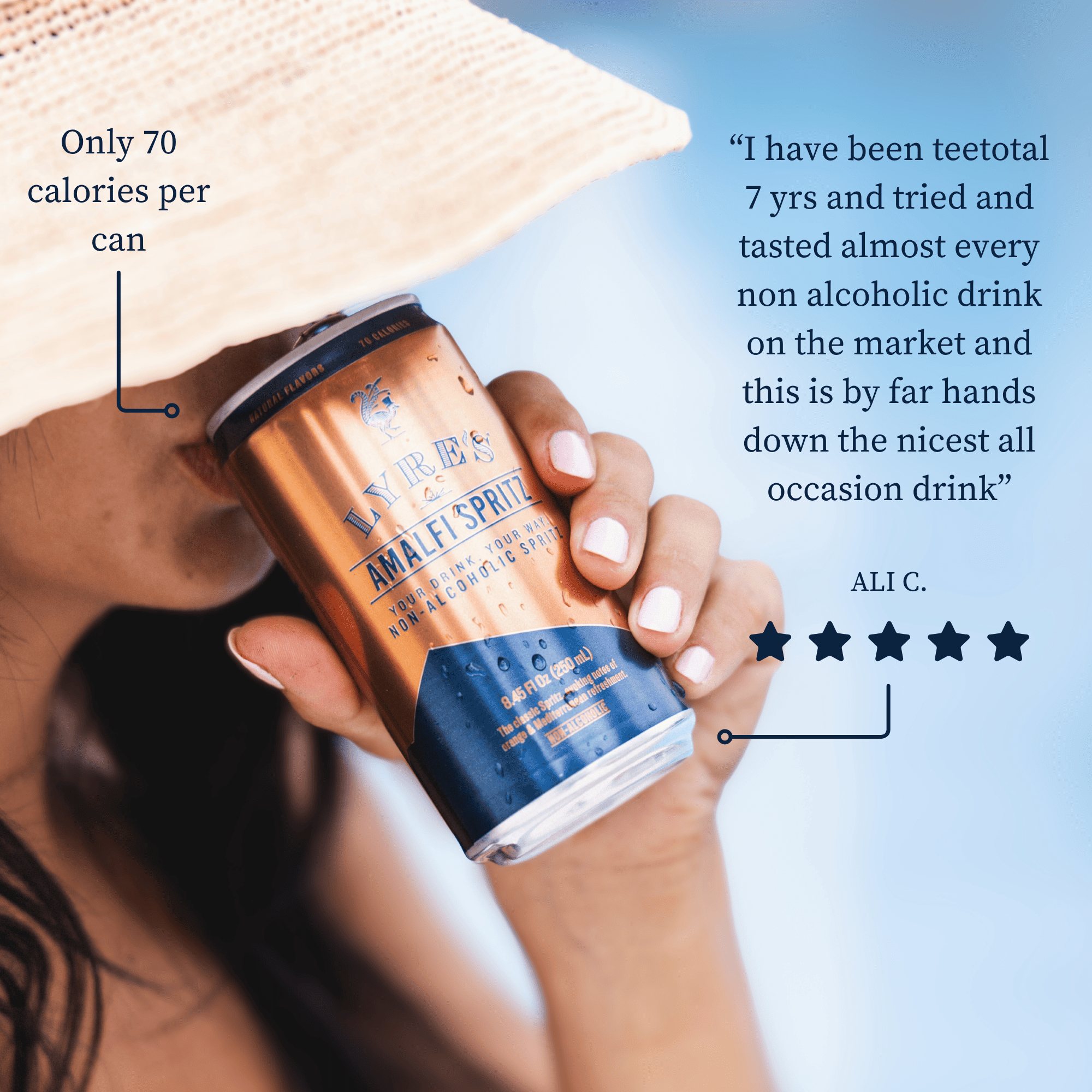 Person holding a can of Amalfi Spritz with text about calories and a review rating.
