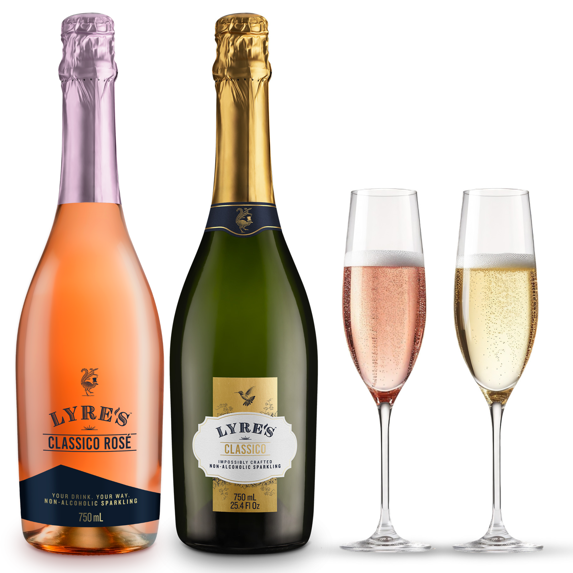 A bottle of Lyre's Classico Rosé and Classico Sparkling non-alcoholic sparkling wines with two filled glasses on a white background