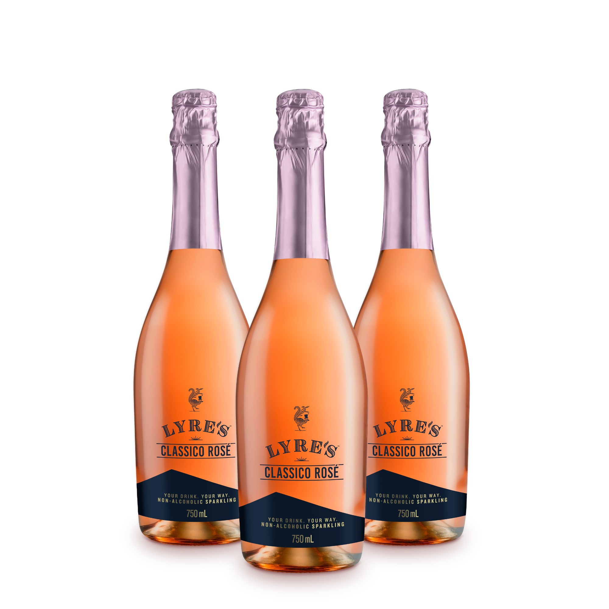 Three bottles of Lyre's Classic Rosé non alcoholic sparkling wine on a white background