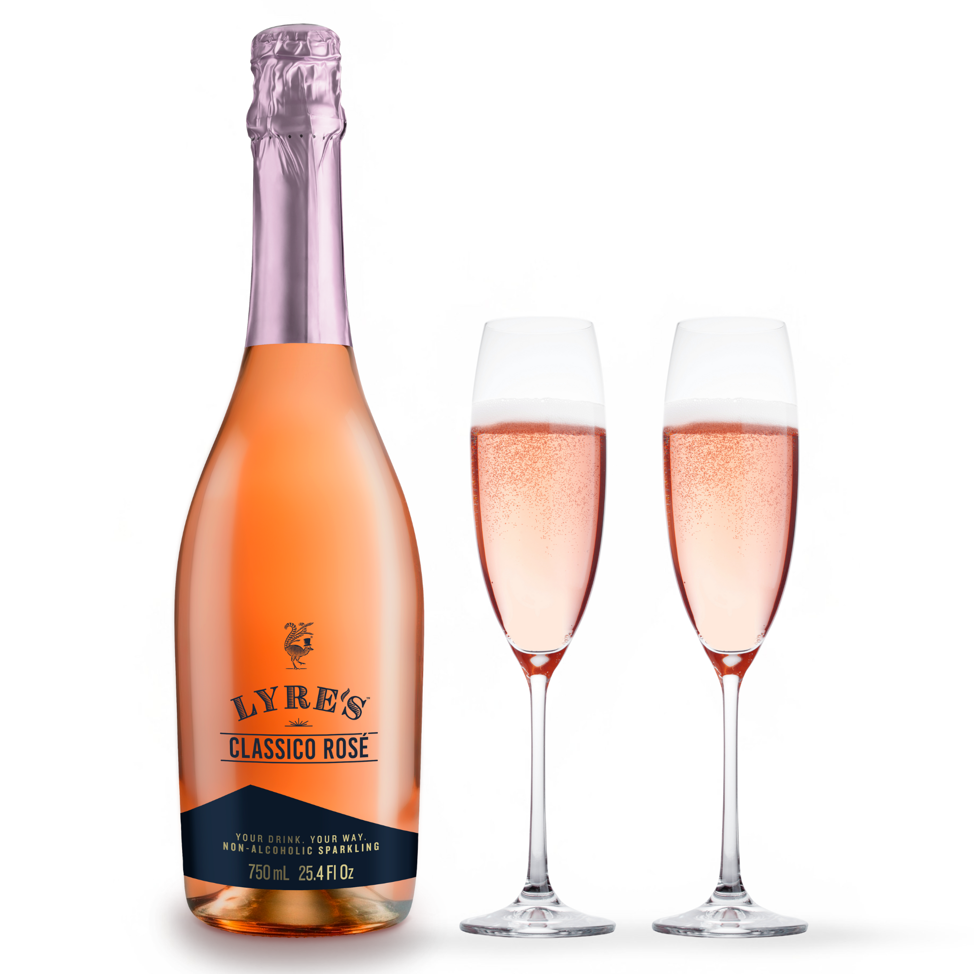 Bottle of Lyre's Classico Rose with two filled glasses on a white background
