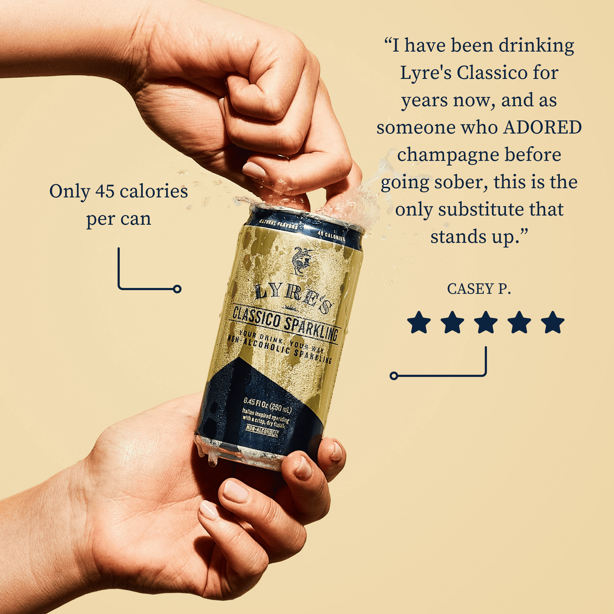Hand holding a can of Lyres Classic Sparkling against a beige background with text and a five-star rating.