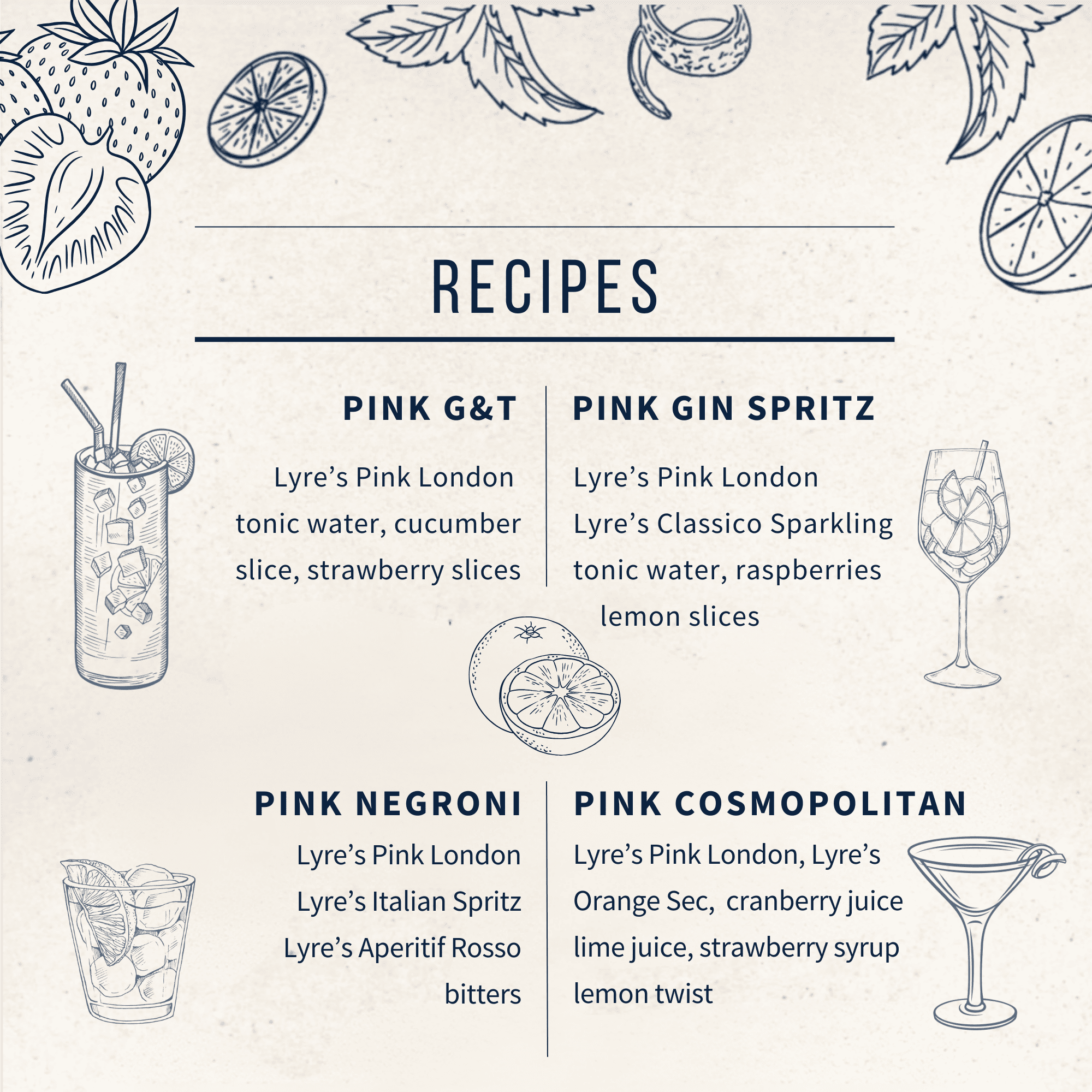 Pink London recipe card for cocktails with ingredients.