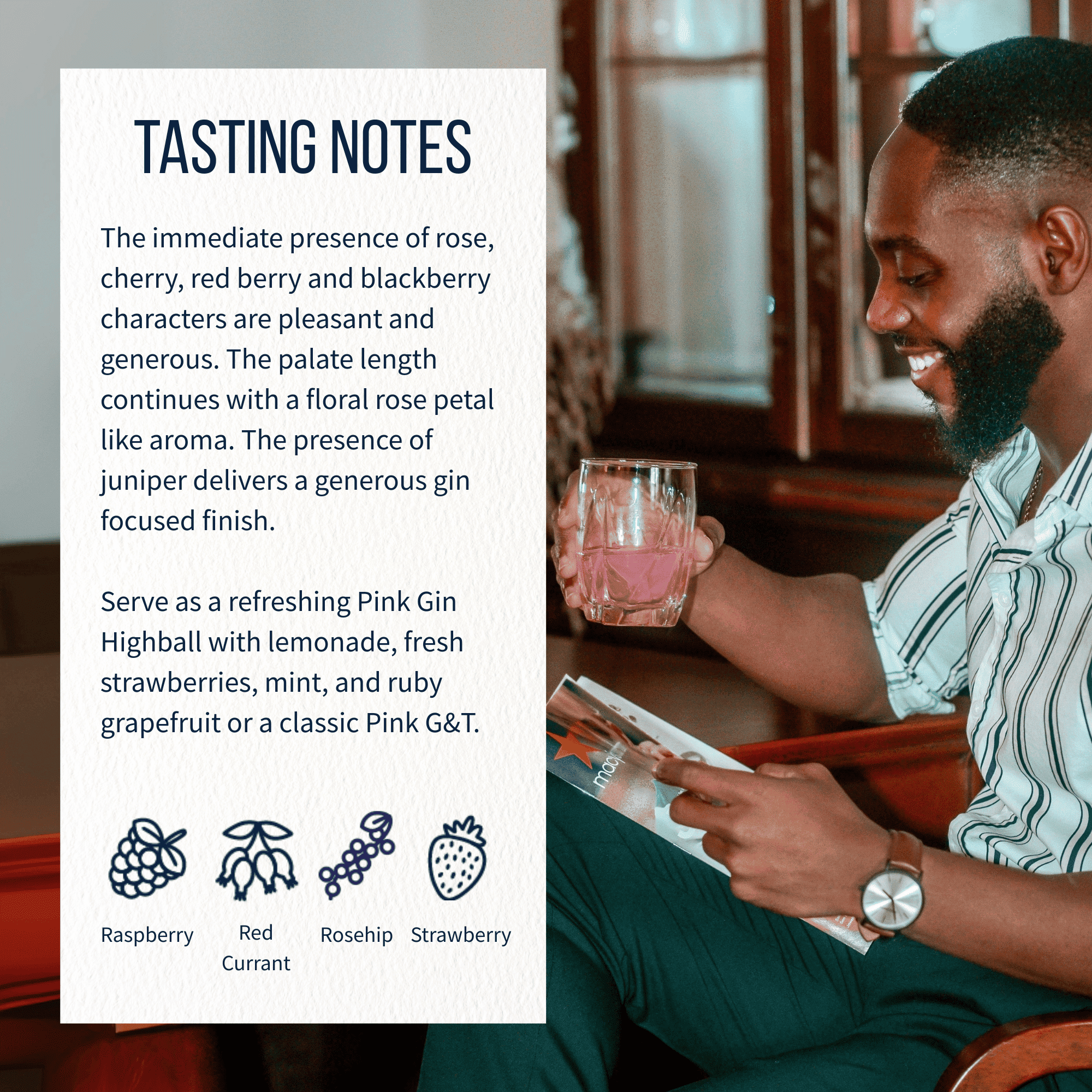 Man sitting at a table with a glass of Pink London cocktail, tasting notes displayed on a white overlay.