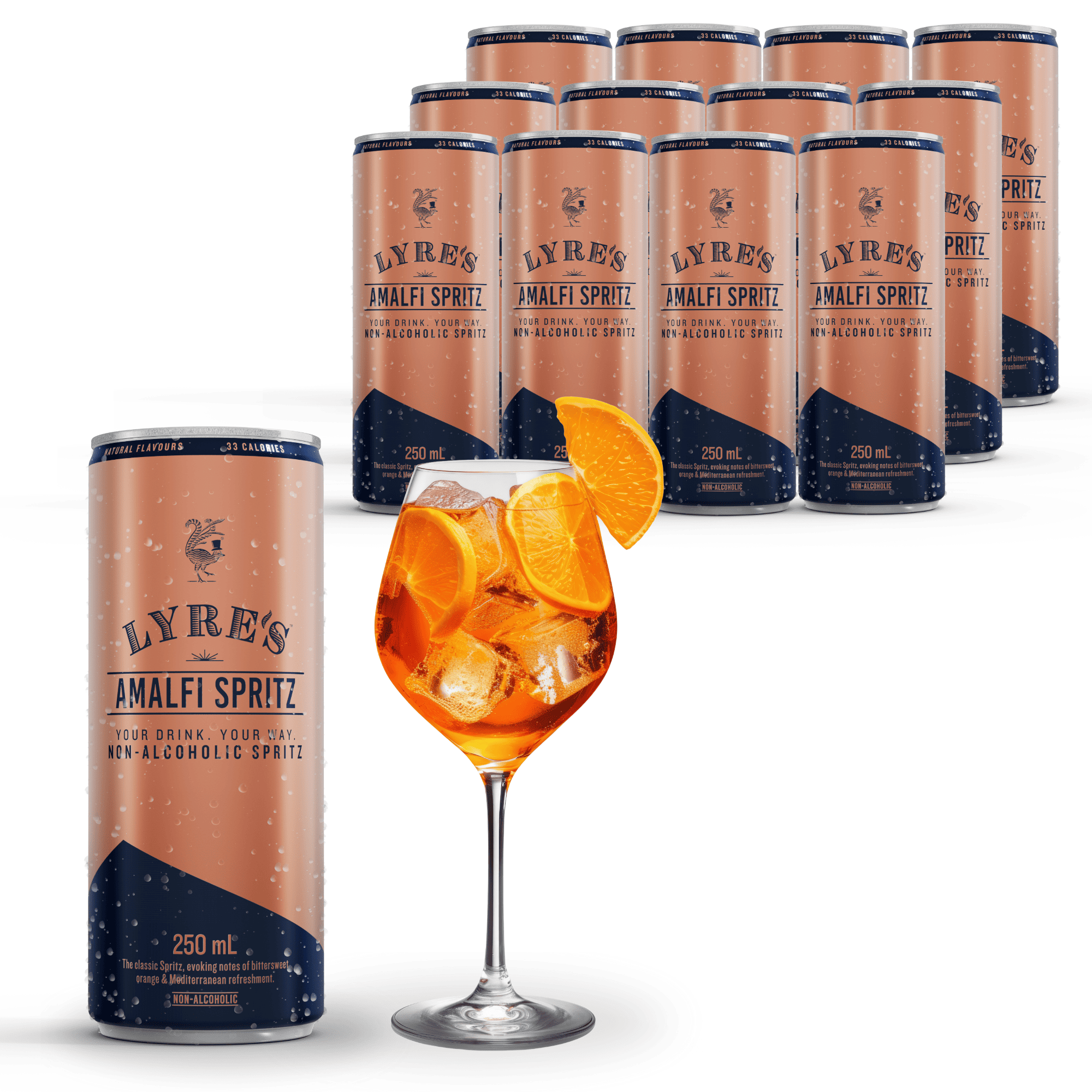 Lyre's Amalfi Spritz cans with a glass of spritz and orange slices on a white background