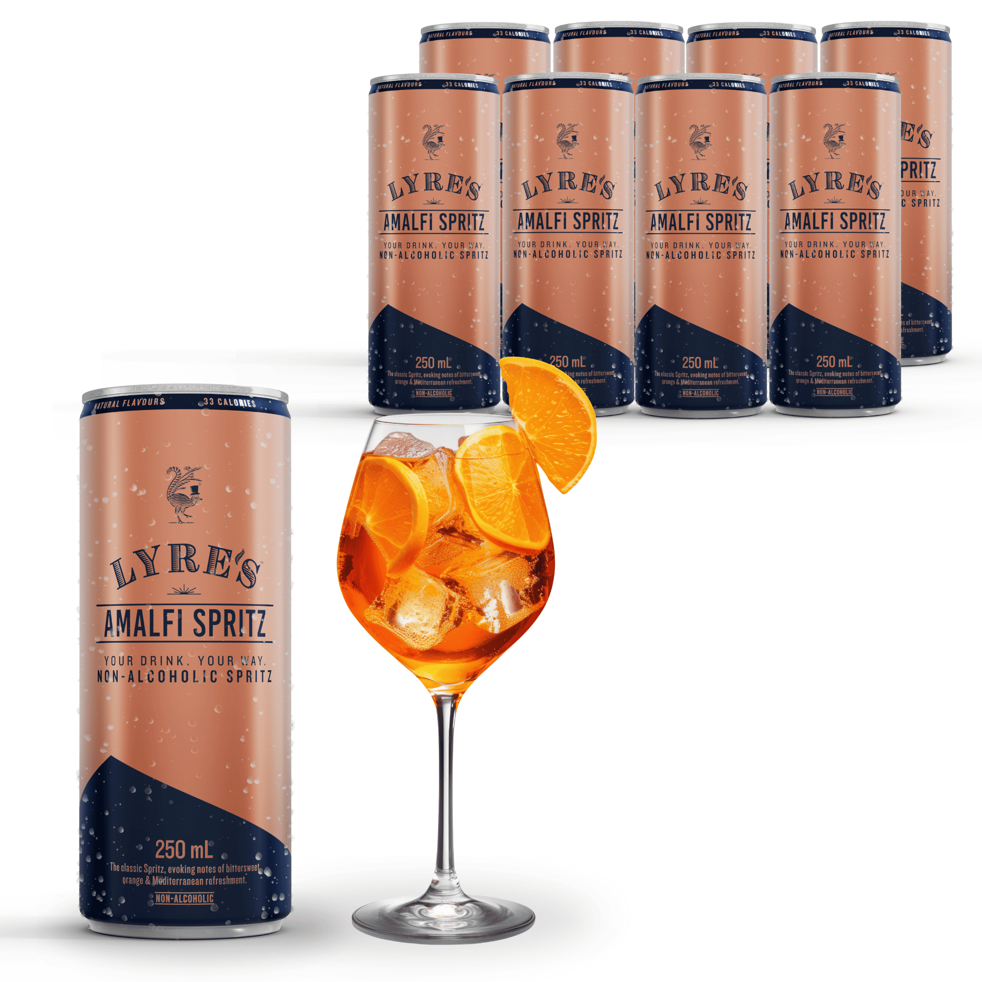 Cans of Lyre's Amalfi Spritz with a glass of the drink garnished with orange slices on a white background.