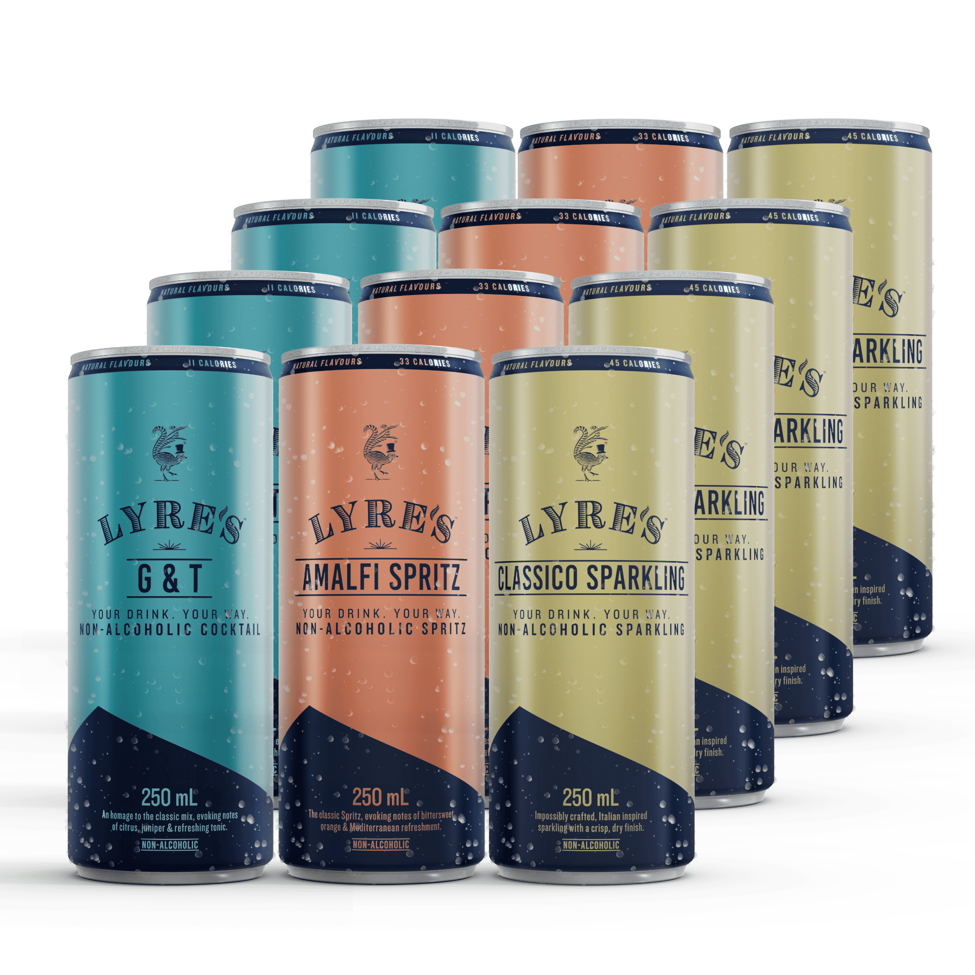 Collection of Lyre's non-alcoholic Classico Sparkling, Amalfi Spritz and G&T cocktails in a can on a white background