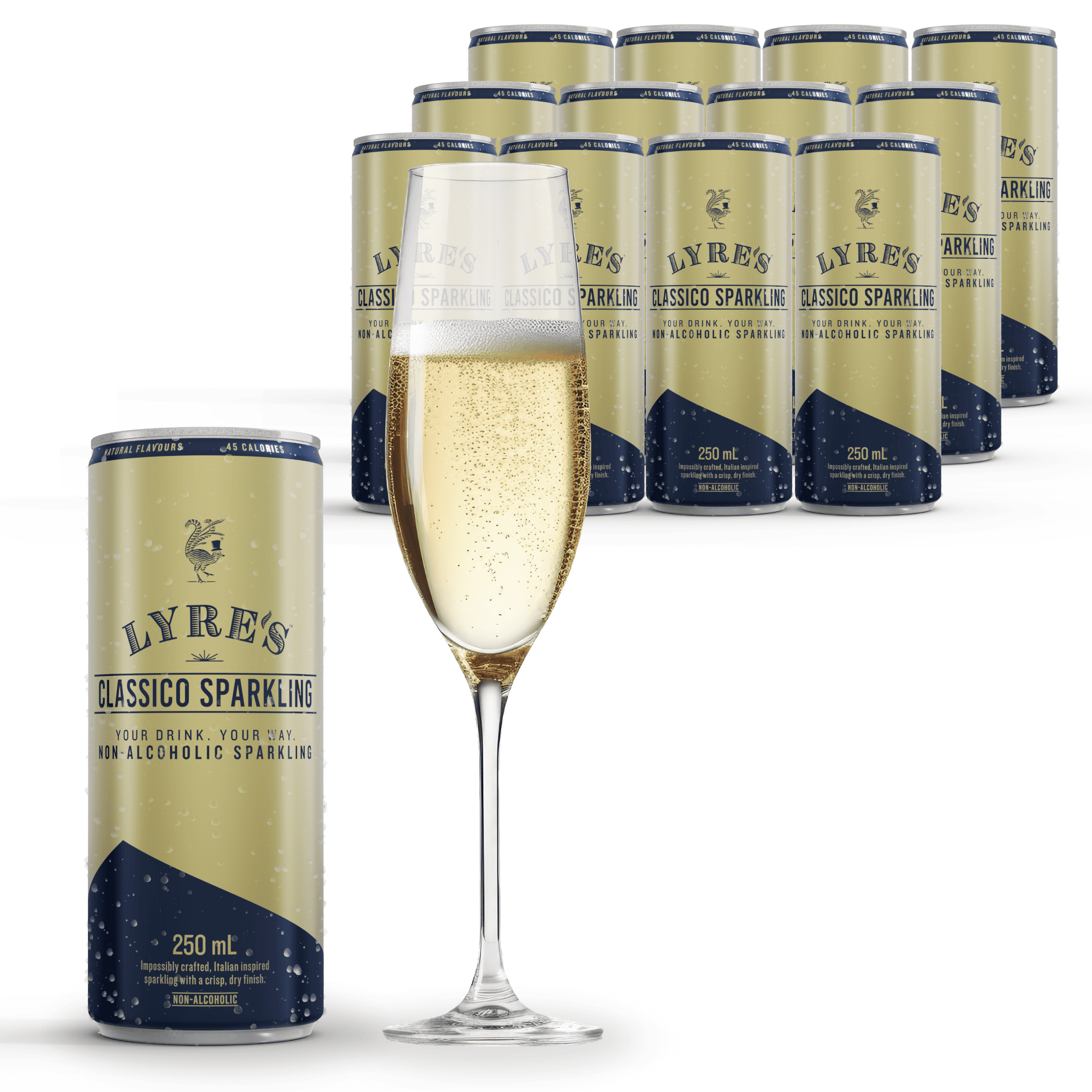 Lyre's Classico Sparkling non-alcoholic sparkling wine bottles with a glass of champagne on a white background
