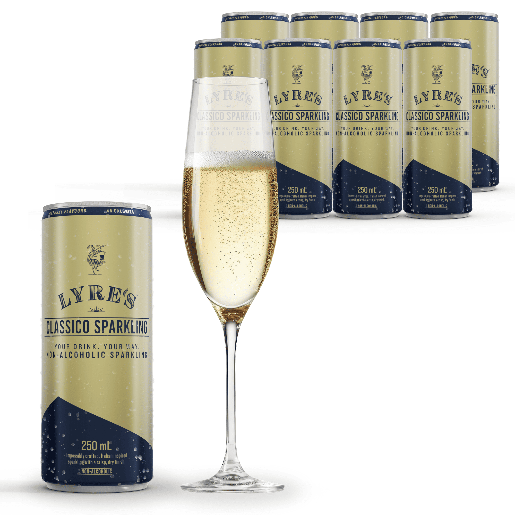 Packaging of Lyre's Classico Sparkling non-alcoholic sparkling wine with a glass of the product.