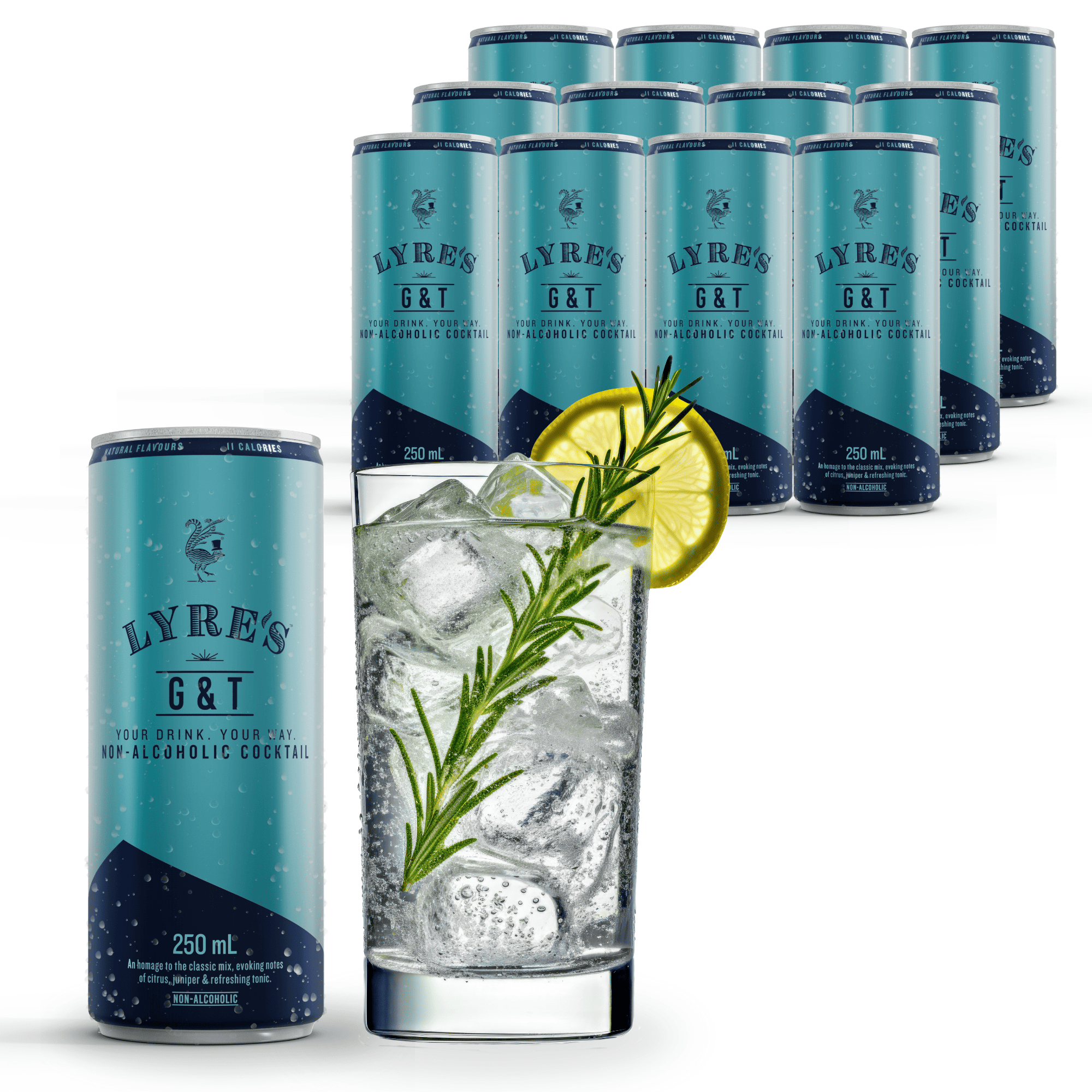 Lyre's G&T cans with a glass of cocktail and garnish on a white background