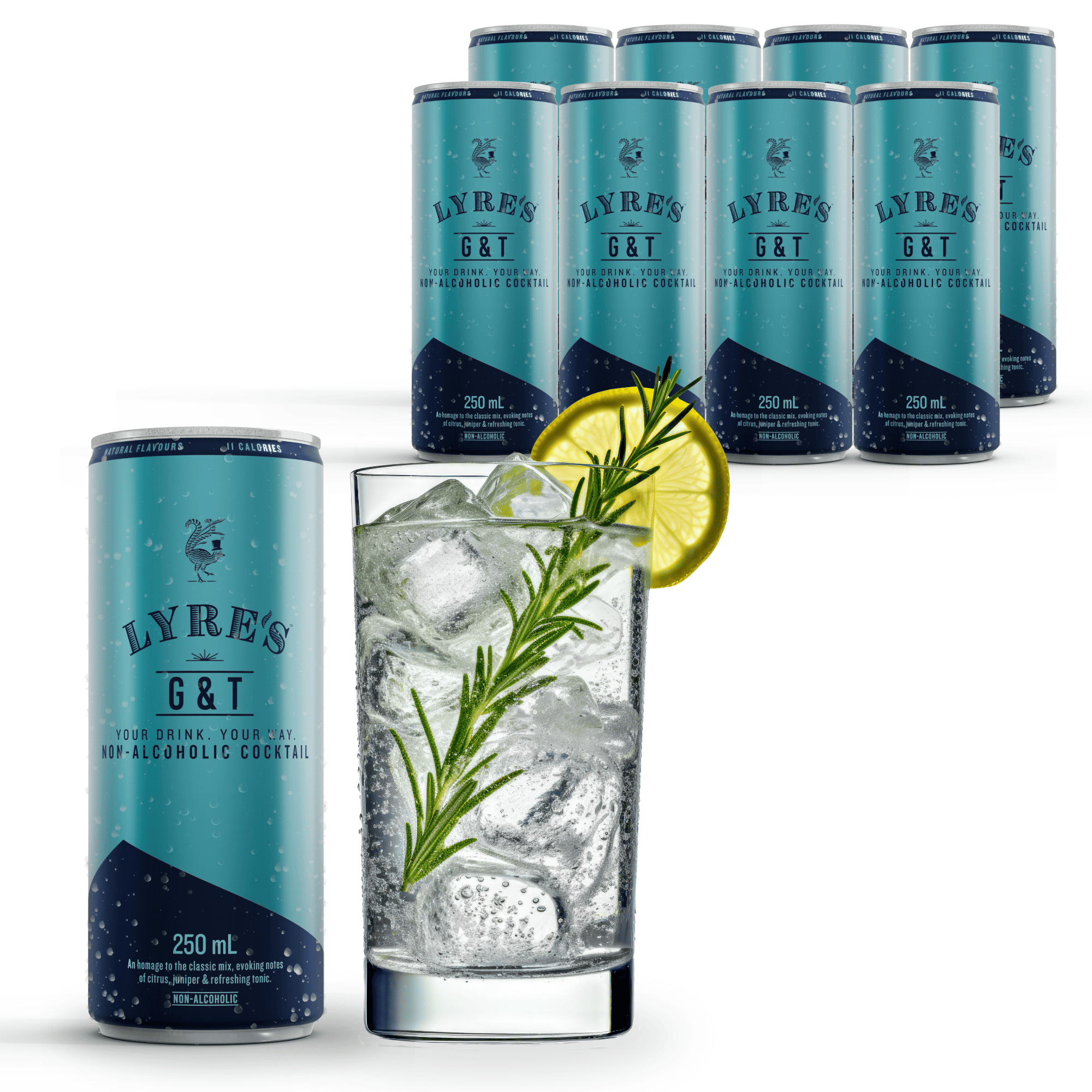 Lyre's G&T cans with a glass of cocktail and garnishes on a white background
