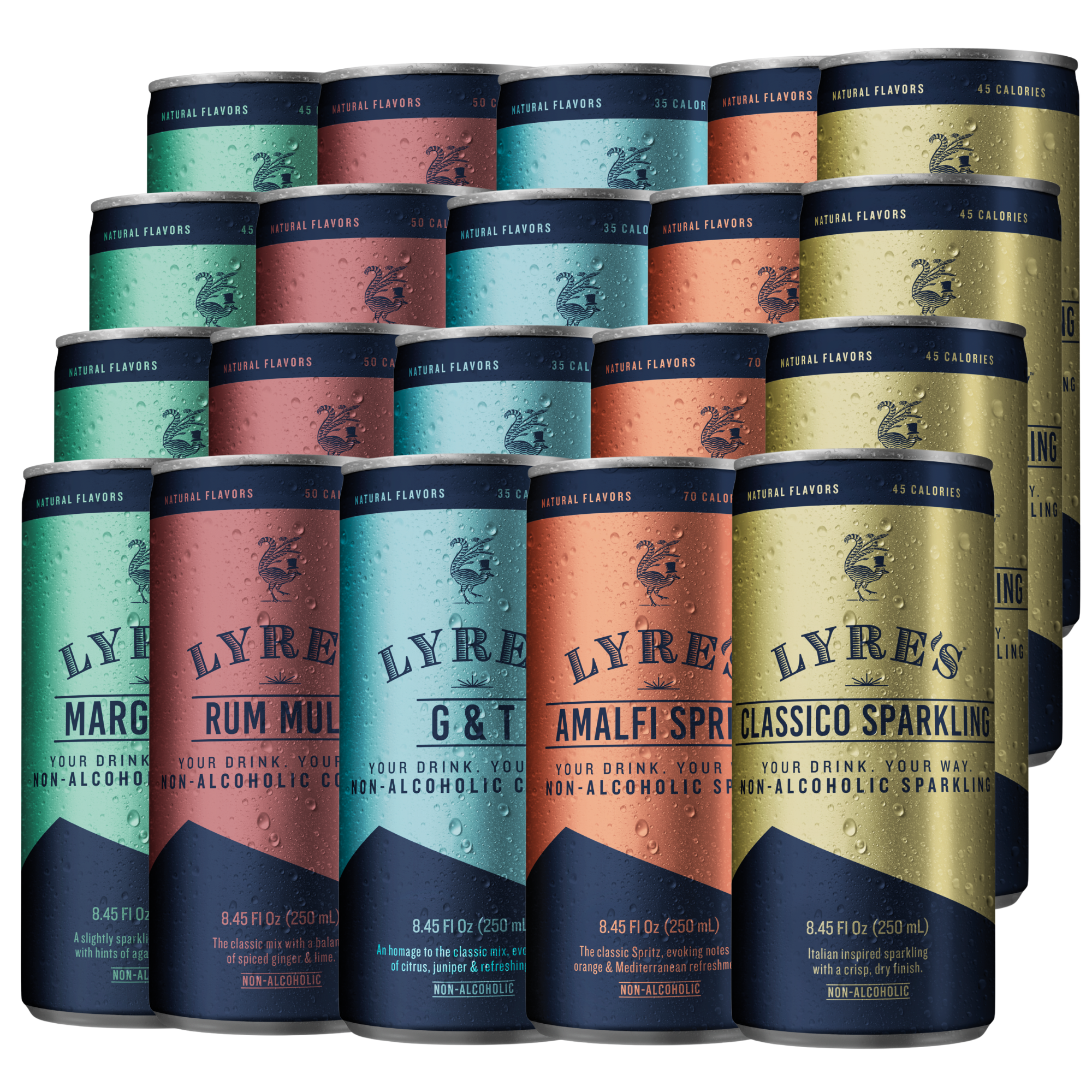 Assorted cans of Lyre's non-alcoholic drinks in various flavors on a white background.