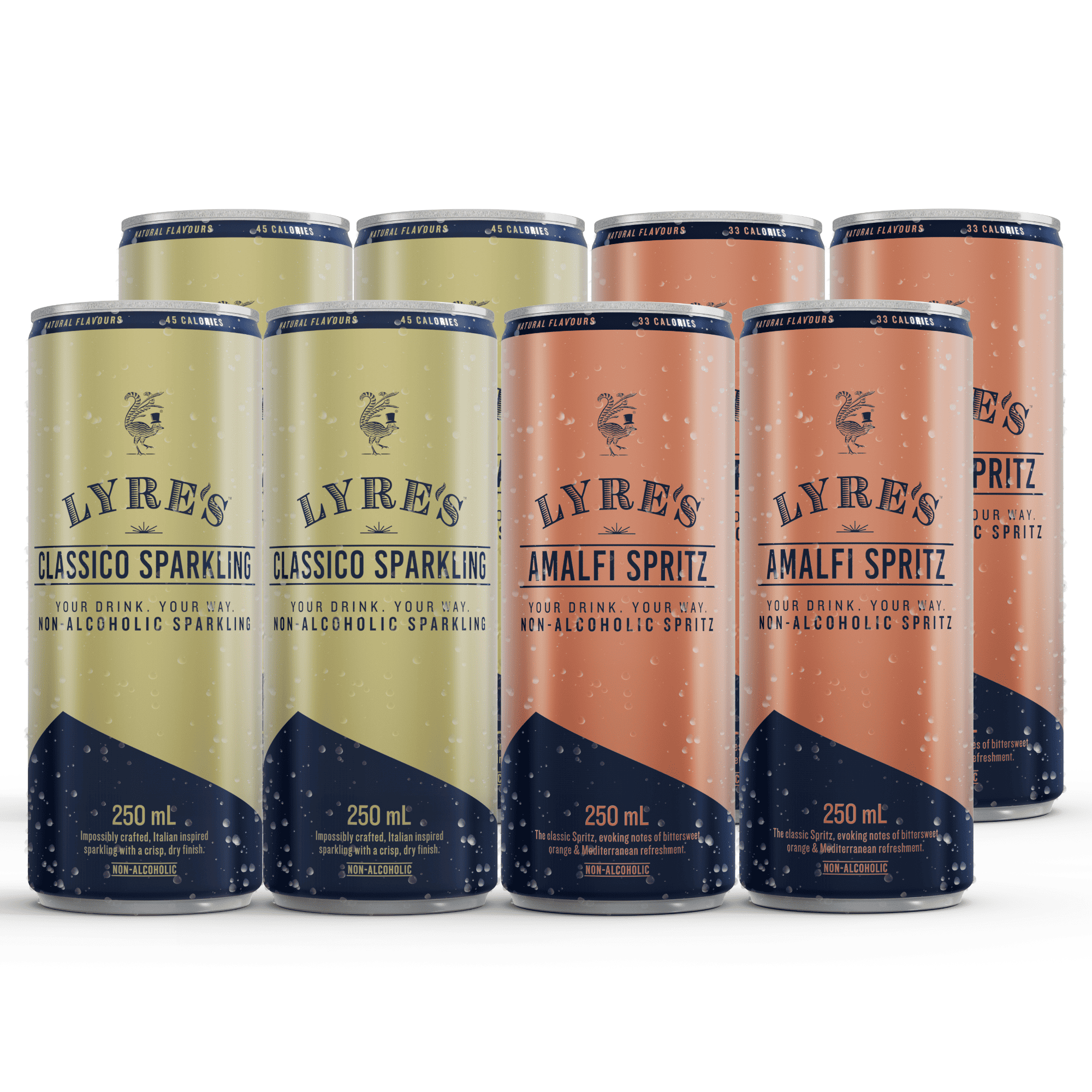 Set of Lyre's non-alcoholic Classico Sparkling and Amalfi Spritz cans on a white background
