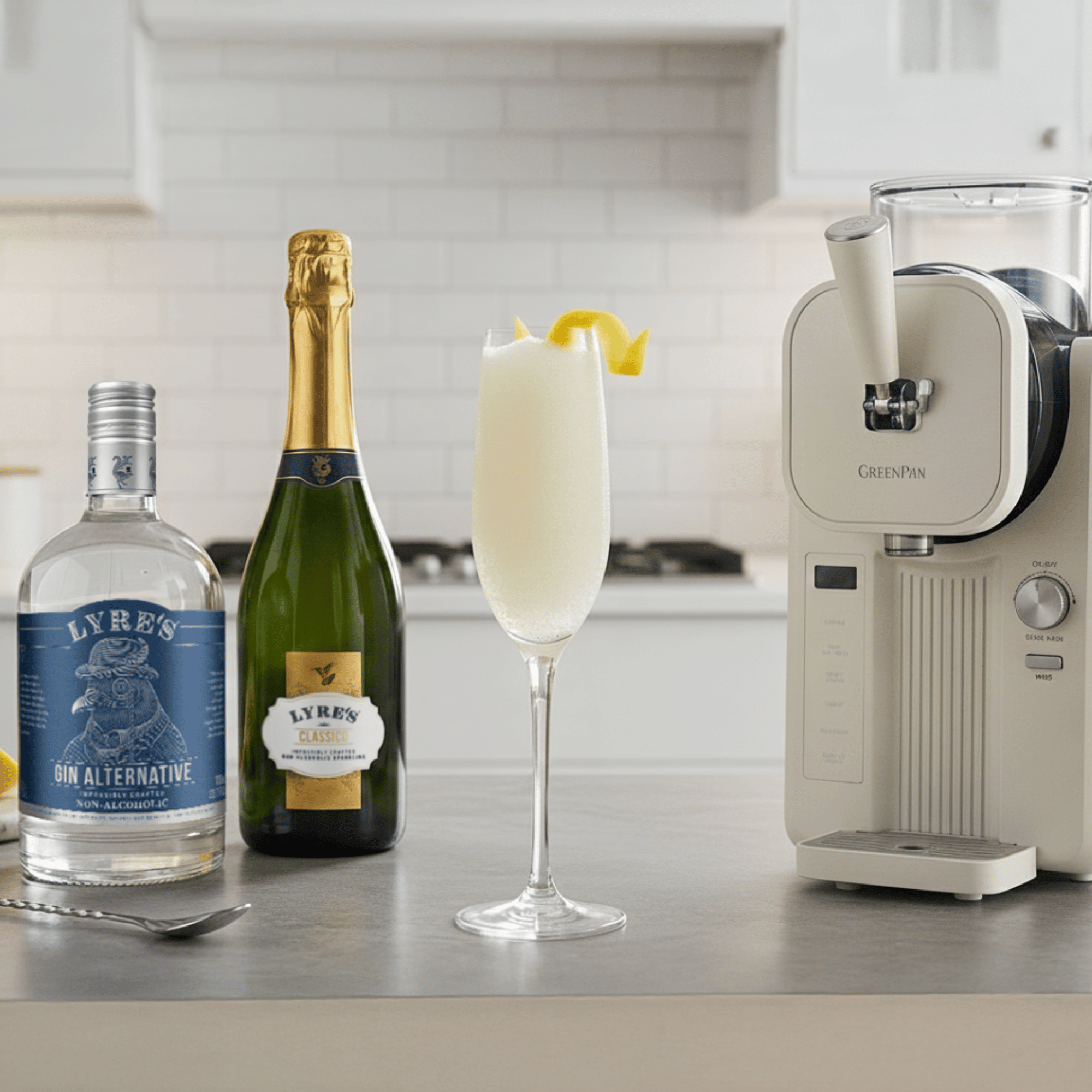 Bottles of Lyre's Gin Alternative and Classico sparkling, a cocktail in a glass, and a GreenPan machine on a kitchen counter.