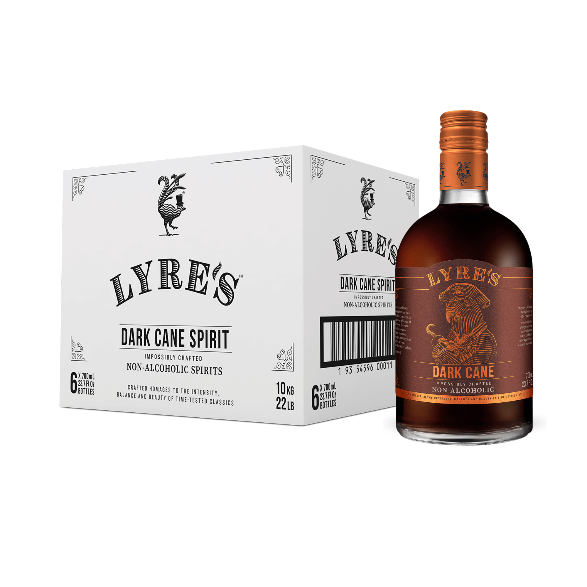 Lyre's Dark Cane Spirit bottle and packaging on a white background