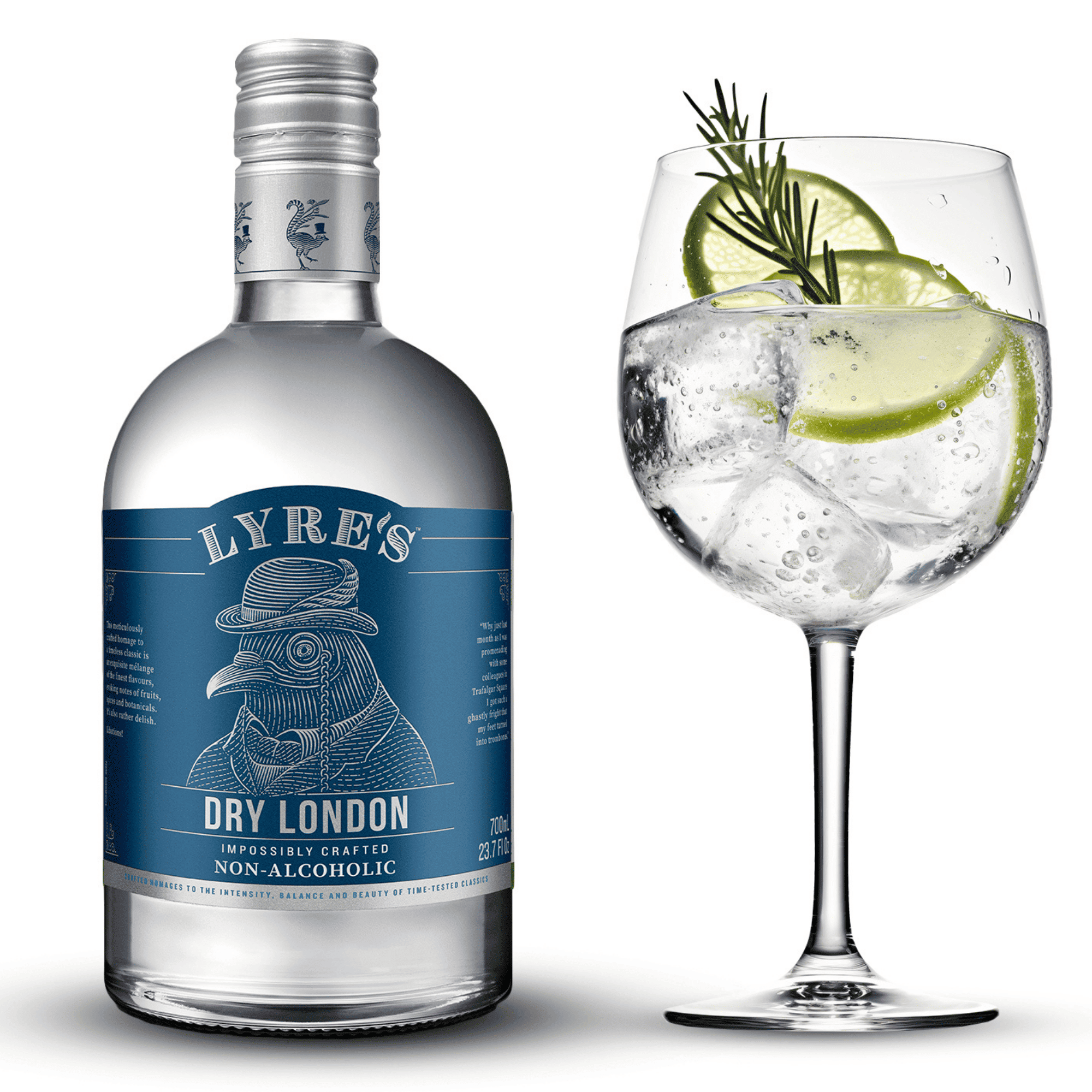 Lyre's Dry London non-alcoholic bottle with a glass of G&T on a white background