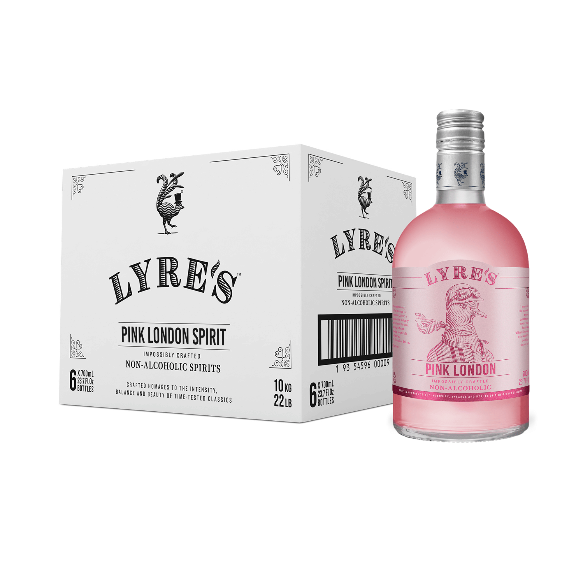 Lyre's Pink London Spirit bottle and packaging on a white background